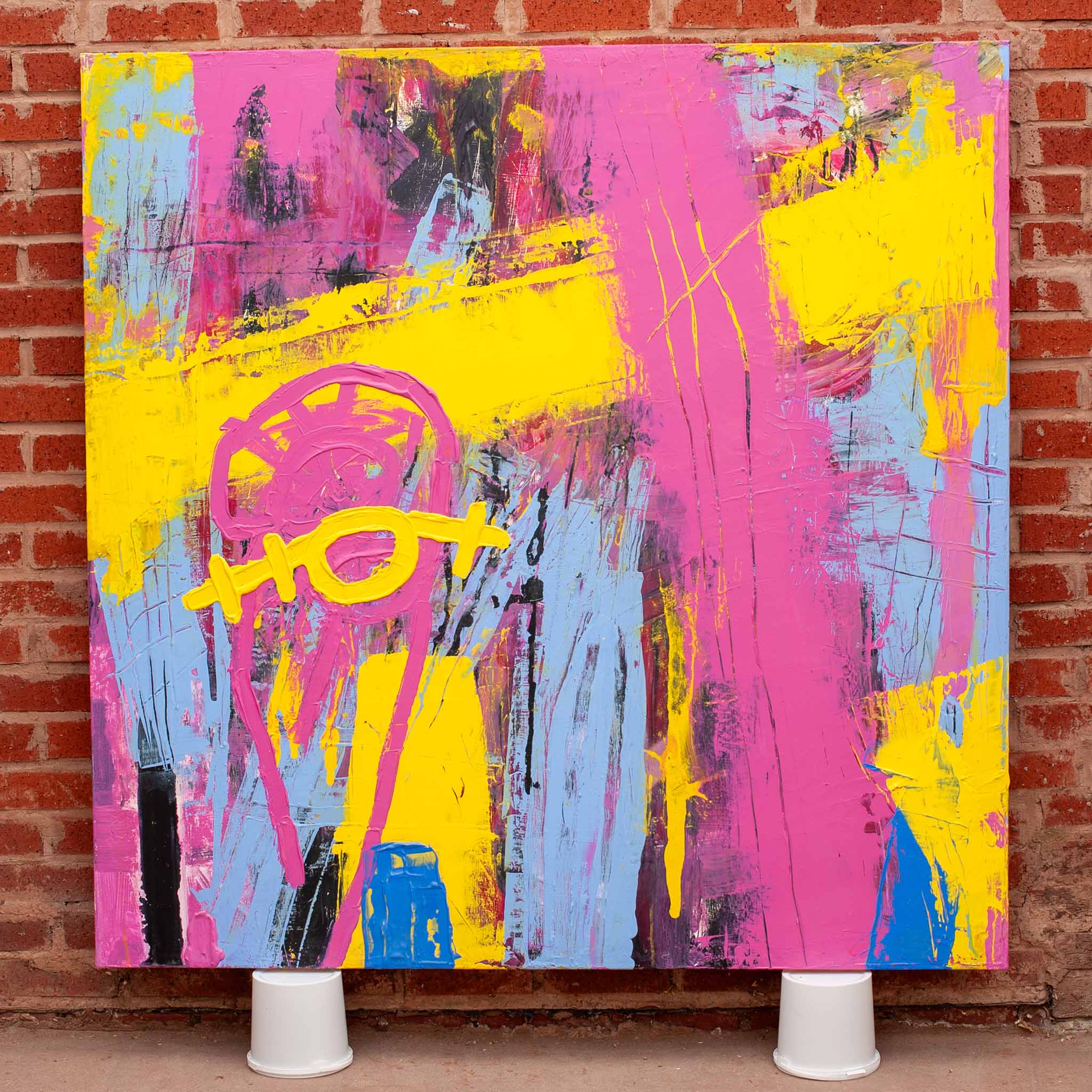 Original Abstract No. 2320 – large square acrylic painting in layered red, blue, yellow and white tones on linen