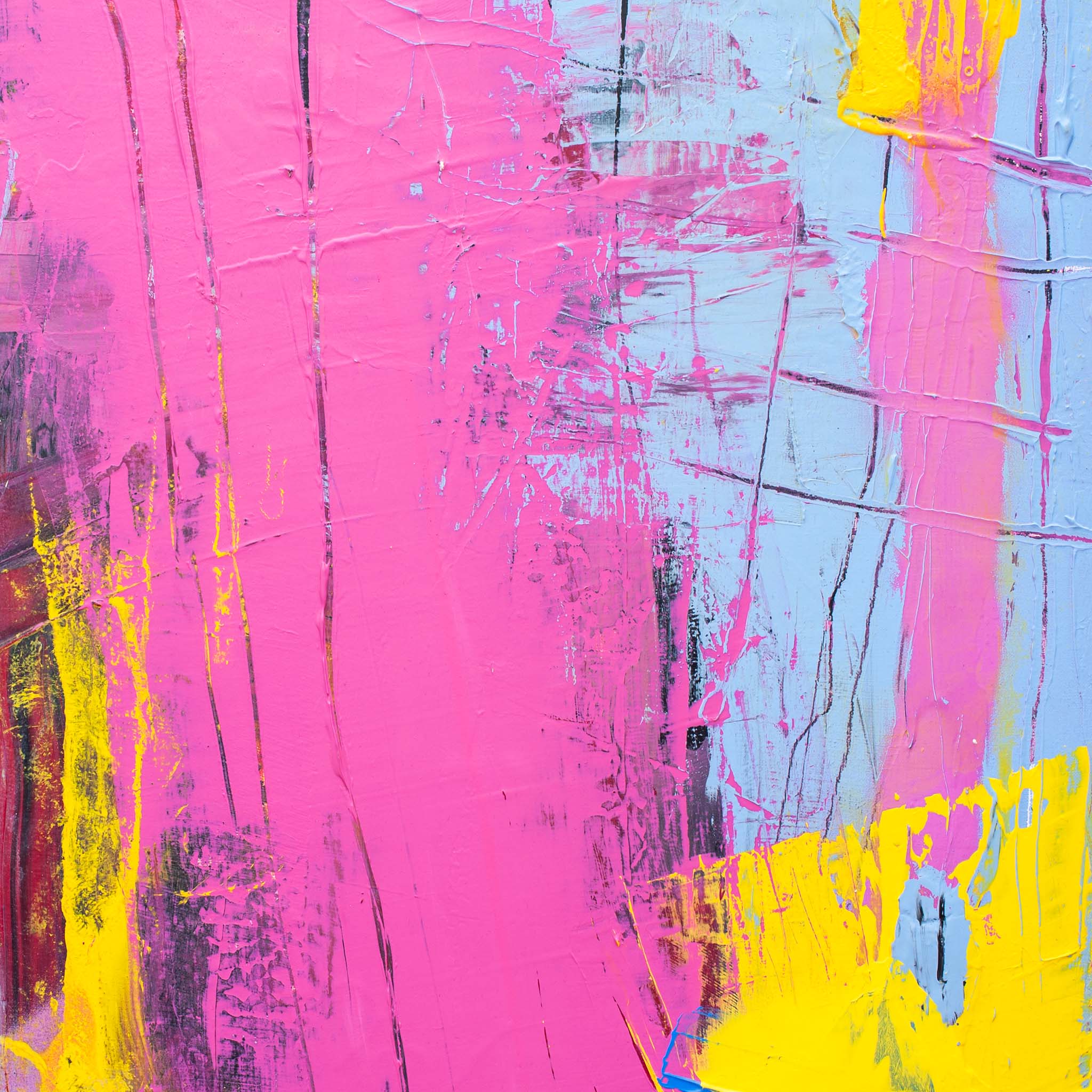 Close-up of red and blue paint layers with visible squeegee texture on Original Abstract No. 2320