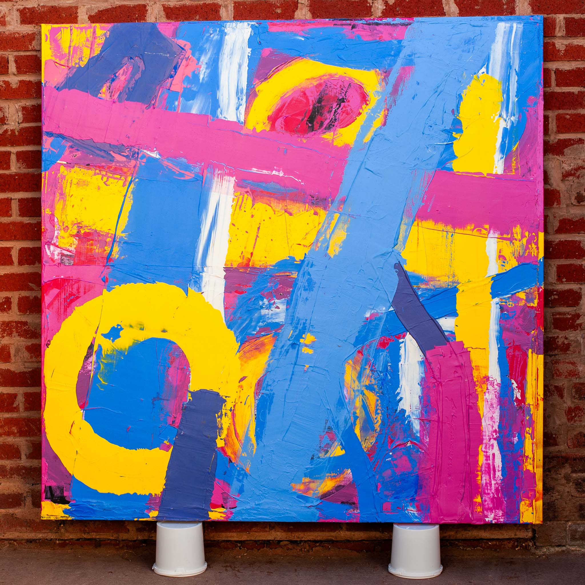 Original Abstract No. 2401 – large square acrylic painting in layered blue, yellow, pink and white tones on linen