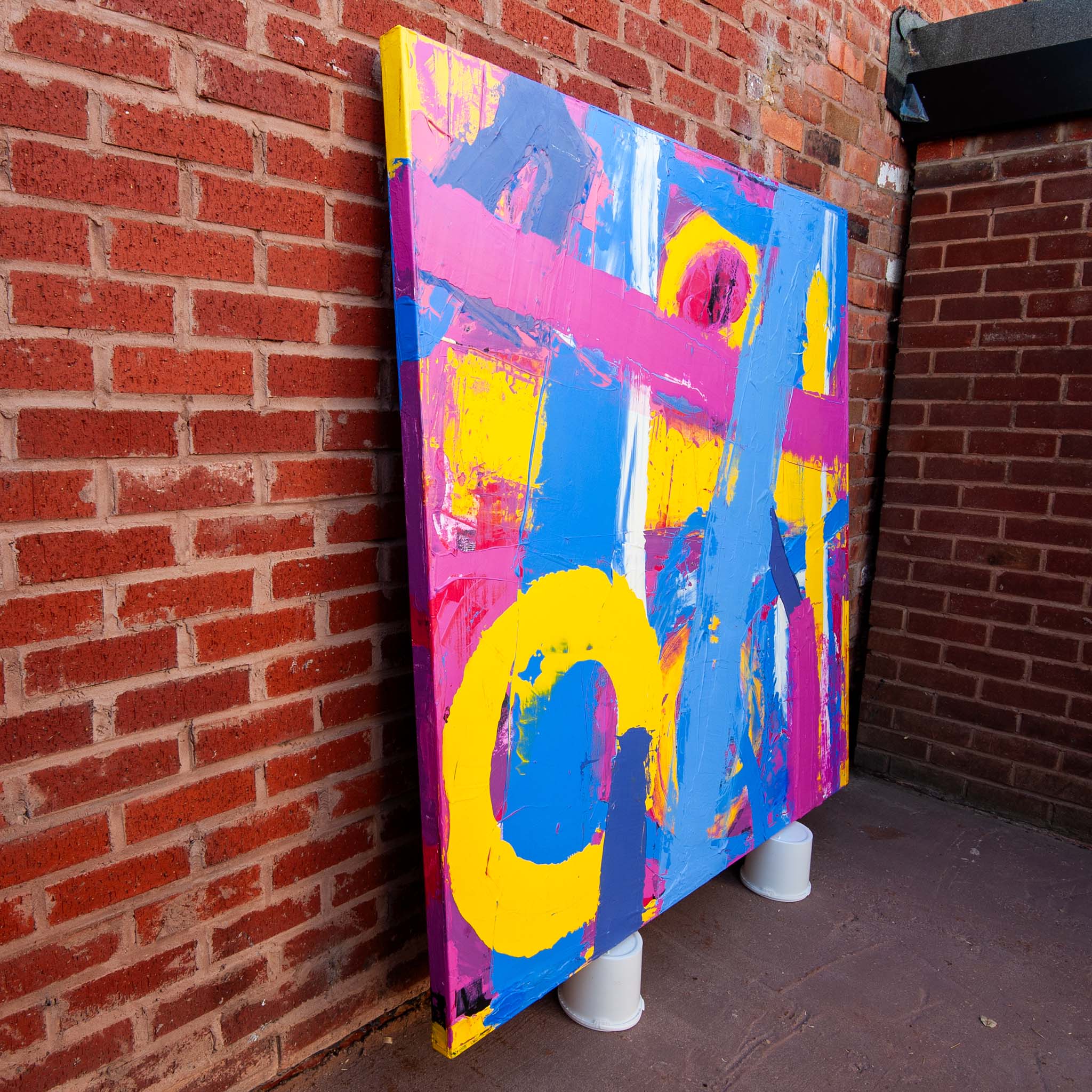 Side view of Original Abstract No. 2401 showing texture and matt finish on aluminium stretcher