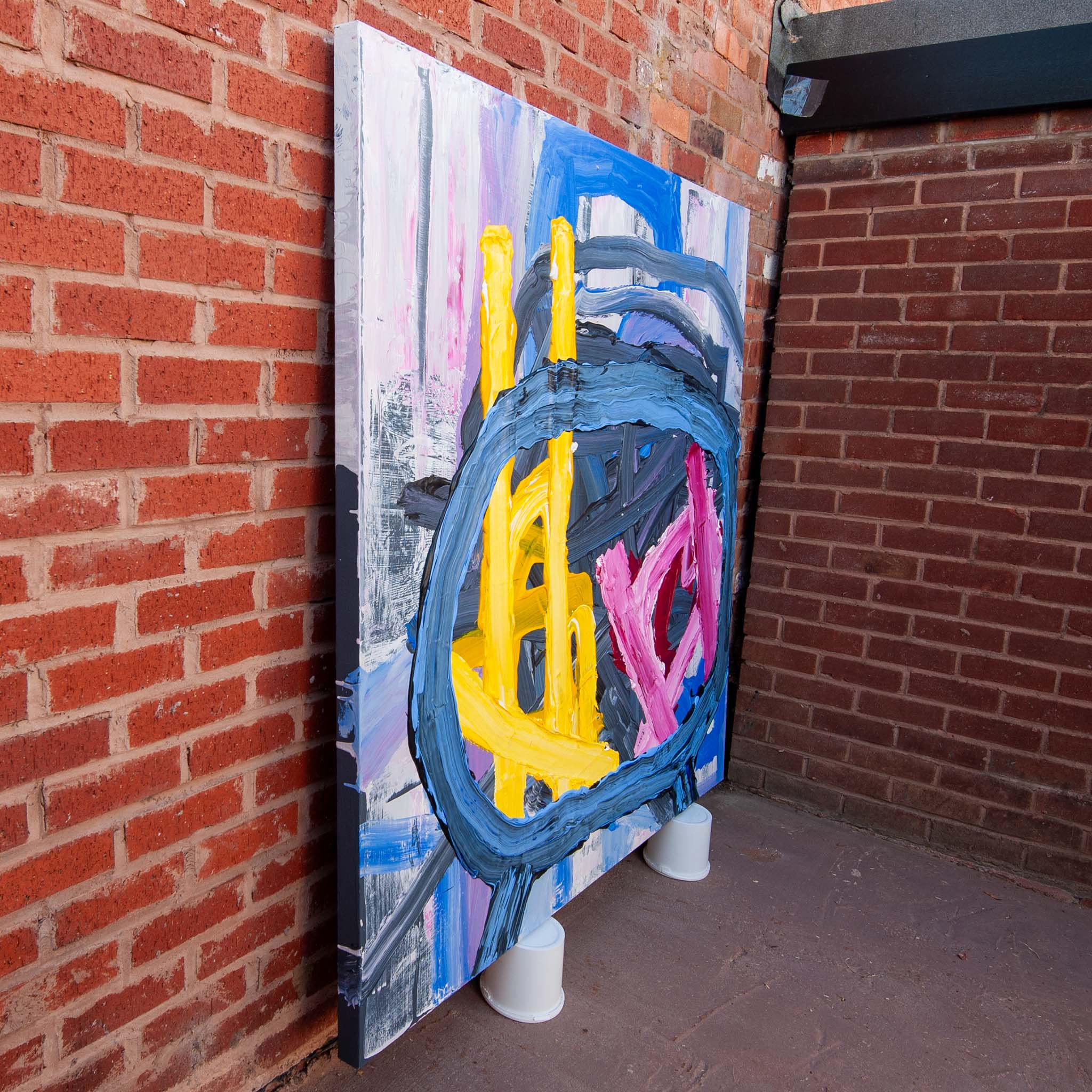 Side view of Original Abstract No. 2405 showing surface texture and matt finish on aluminium stretcher