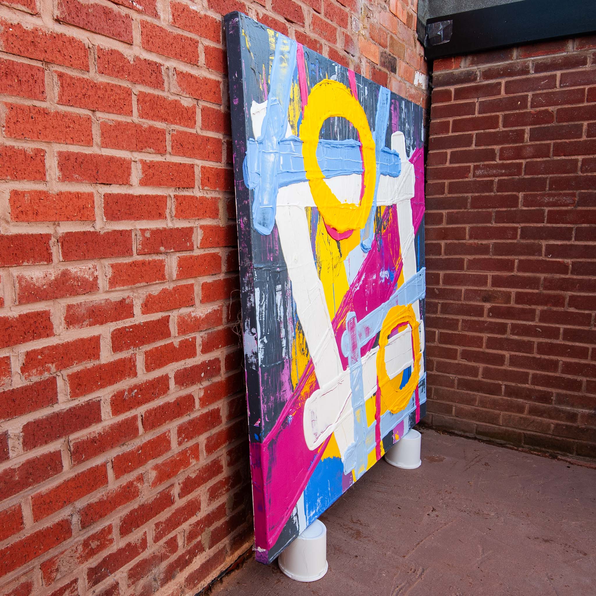 Side view of Original Abstract No. 2417 showing layered texture and matt finish on aluminium stretcher