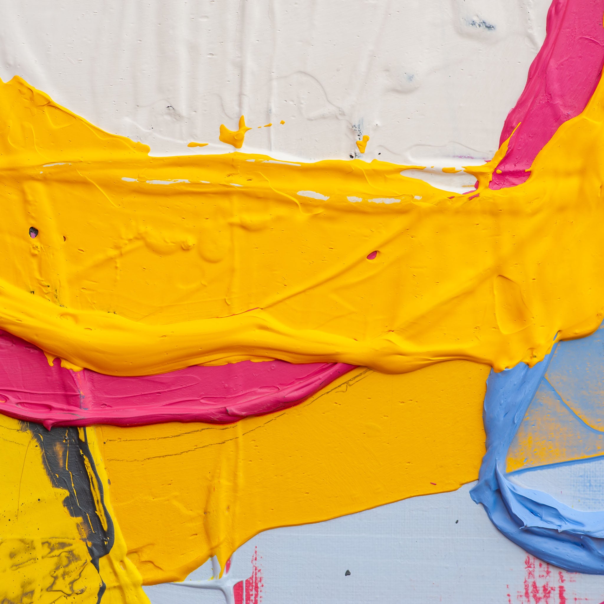 Close-up of blue and yellow paint layers with visible squeegee texture on Original Abstract No. 2417
