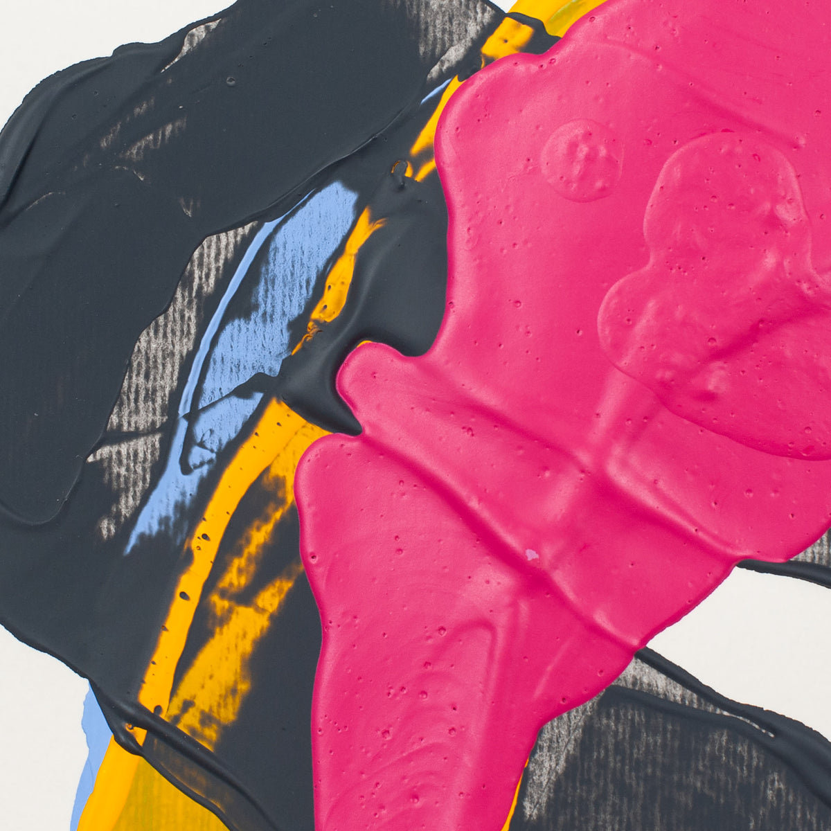 Close-up of an abstract painting with thick textured hot pink, black, yellow, and light blue paint on a white background.