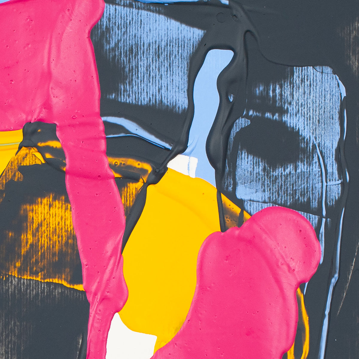 Abstract painting with thick textured brushstrokes in bright pink, black, light blue, yellow, and white.