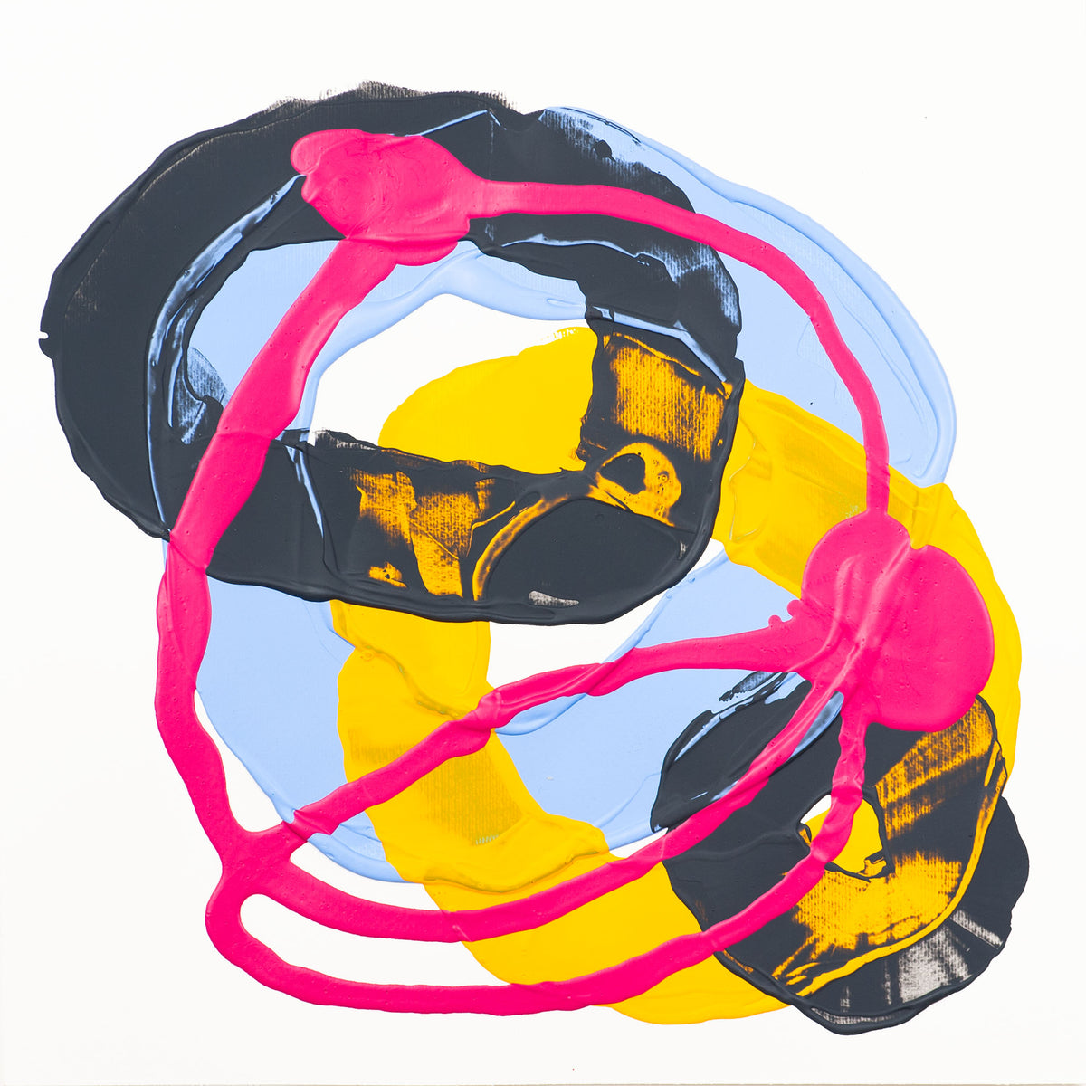 Abstract painting with bold brushstrokes in black, light blue, yellow, and bright pink on a white background.