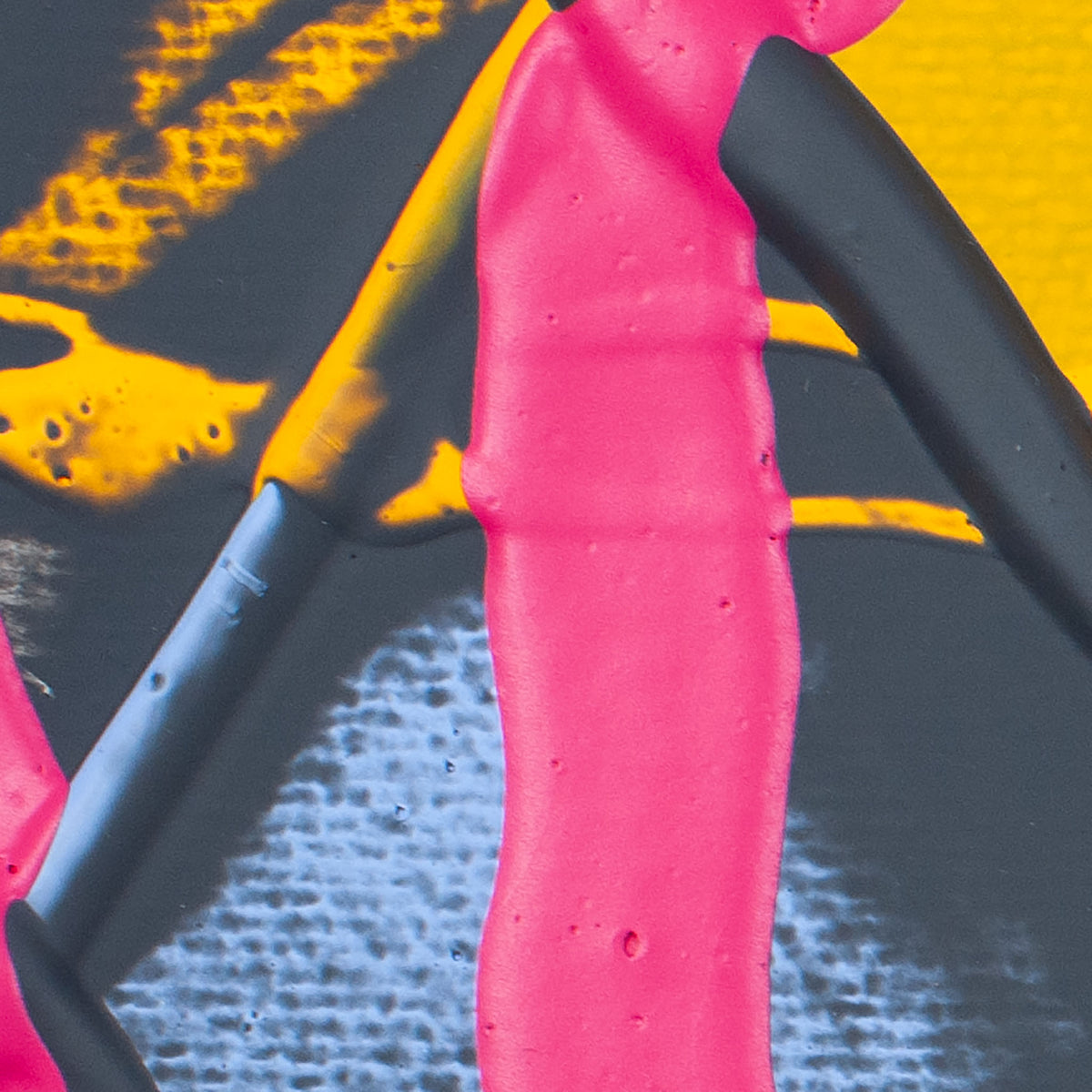 Abstract close-up artwork with a vertical bright pink shape, black curved forms, yellow areas, and a textured blue-gray section on a dark background.