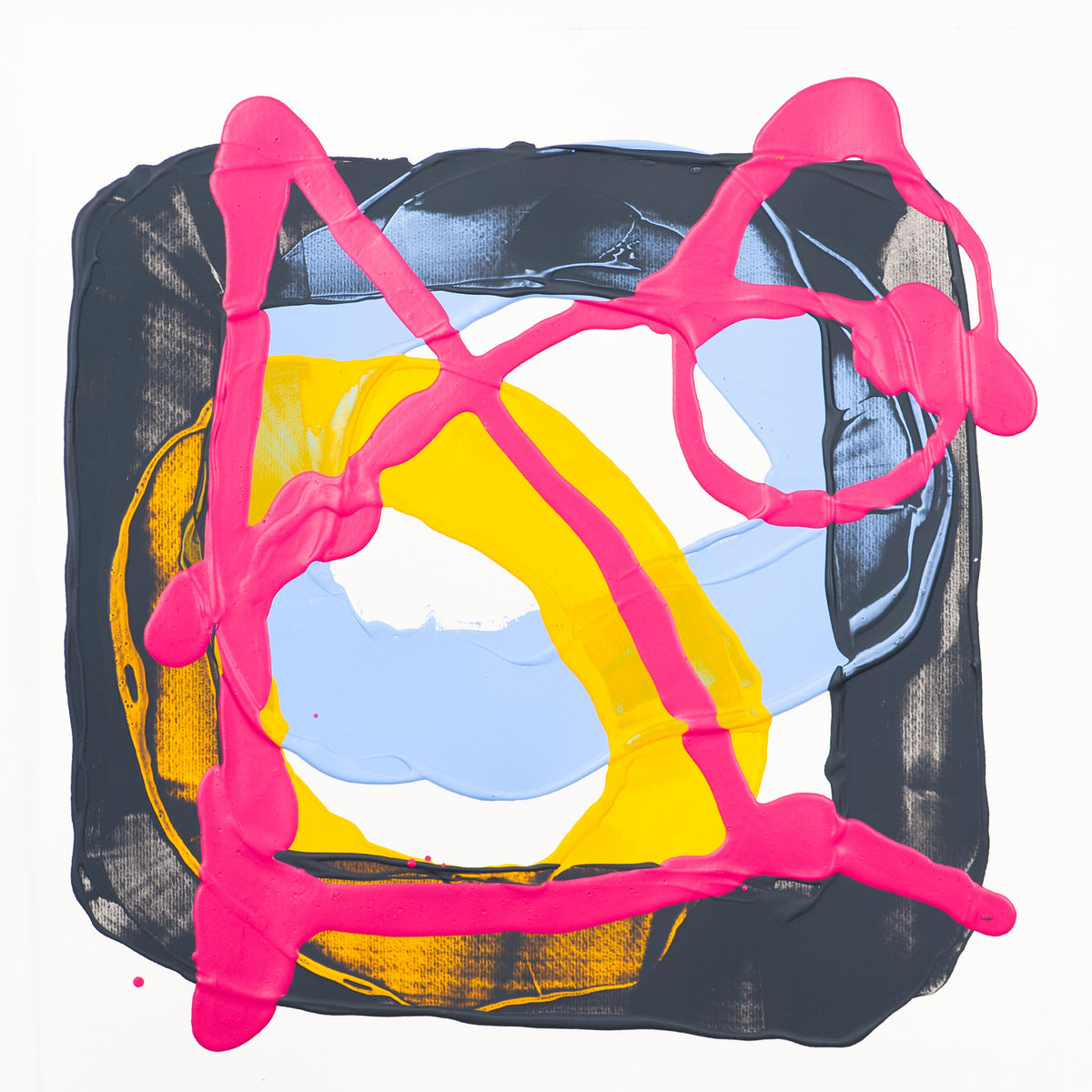 Abstract square painting with a black textured border, light blue and yellow painted shapes, and bright pink dripped lines on a white background.