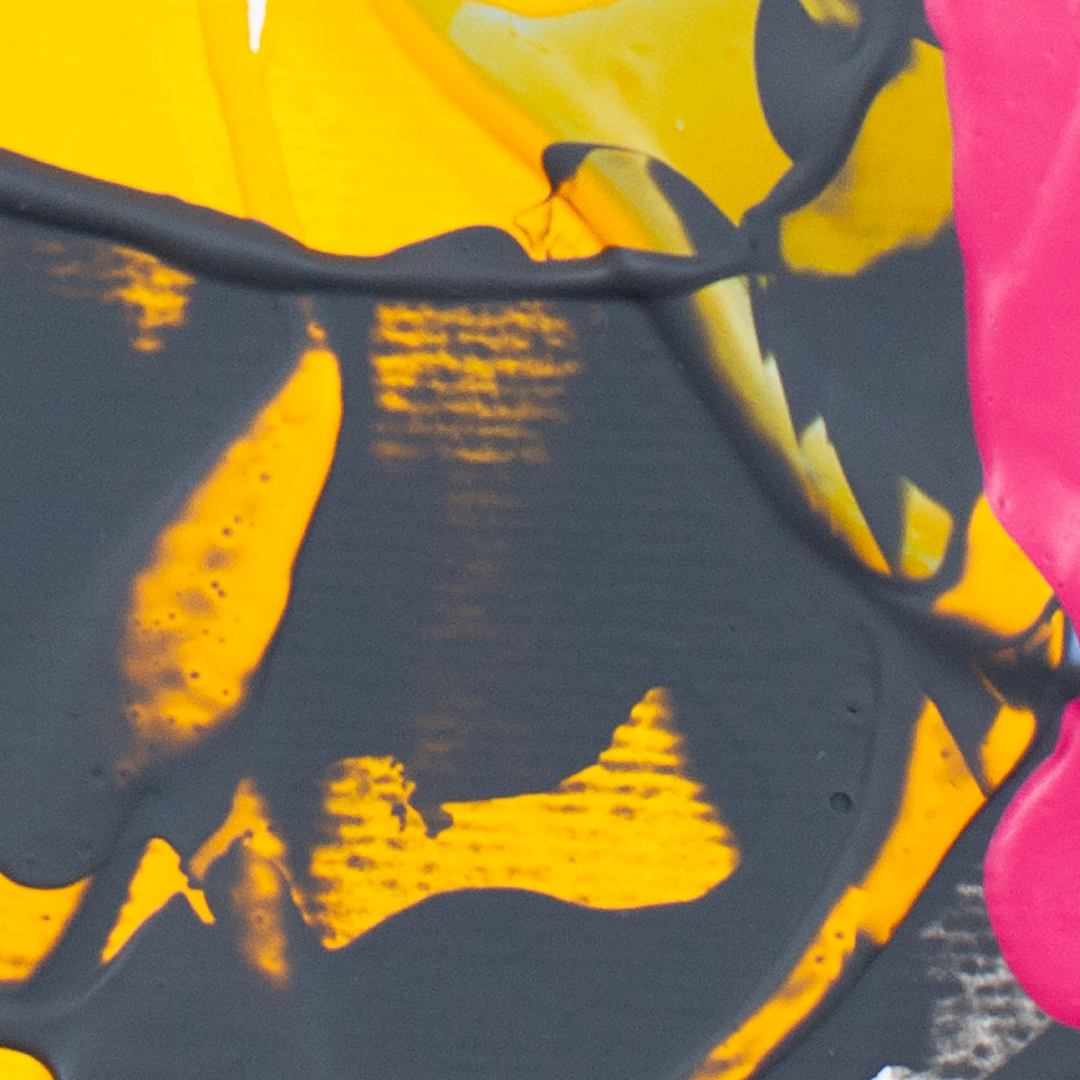 Abstract close-up of thick paint with a large dark charcoal/black area, bright yellow sections, and a vivid pink stroke.
