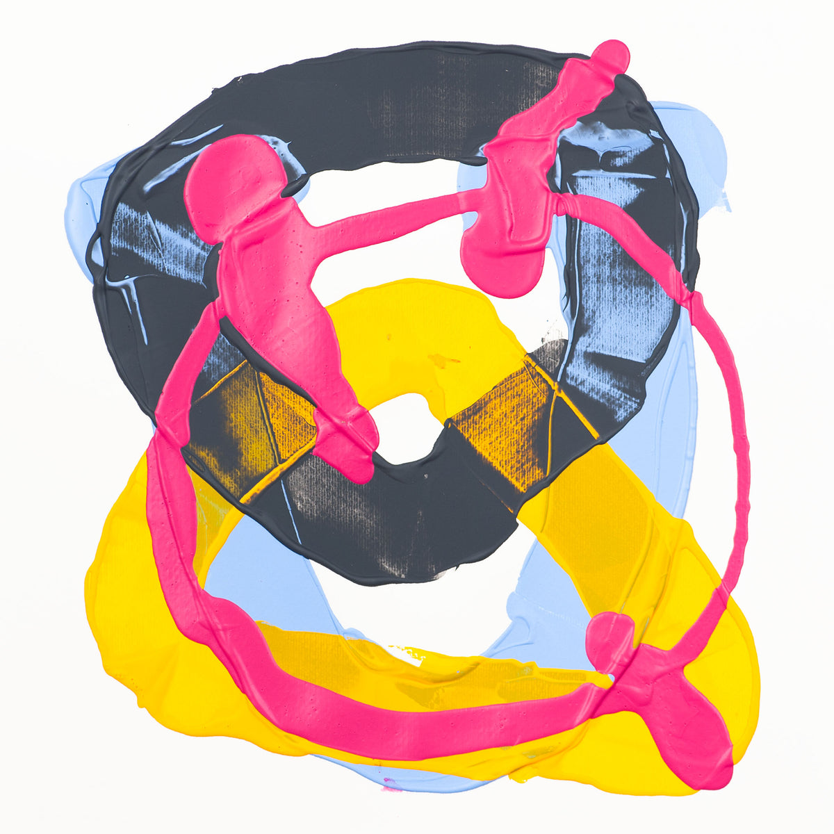 Abstract pop art painting featuring bold, textured brushstrokes in neon pink, yellow, black, light blue, and white, depicting stylized human figures.
