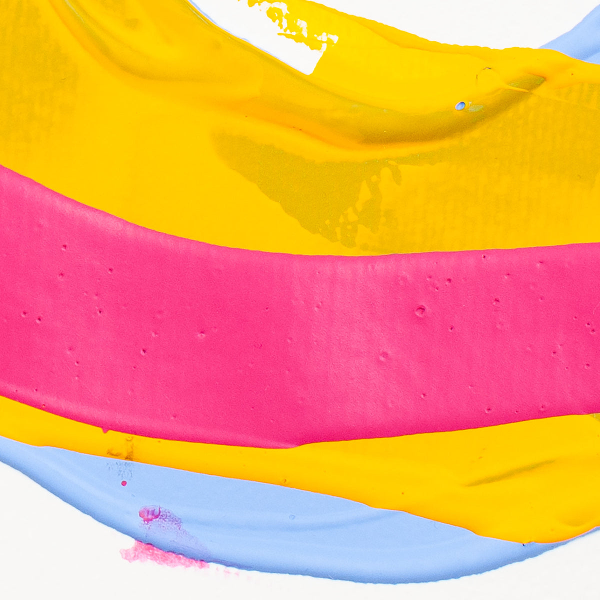 Three thick horizontal bands of paint in yellow, pink, and light blue on a white background.