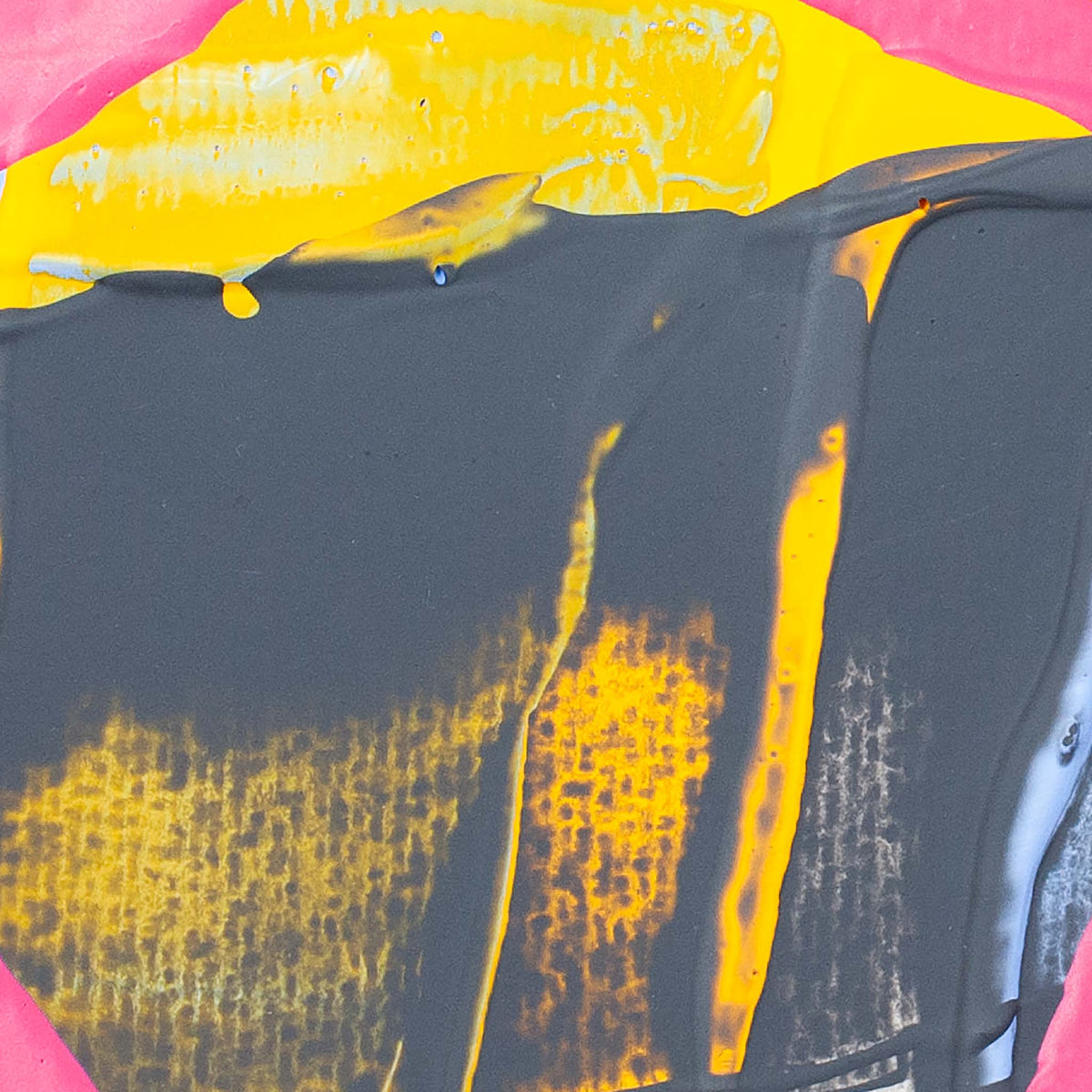 Abstract paint texture with thick black and bright yellow brushstrokes, accented by pink and white edges.