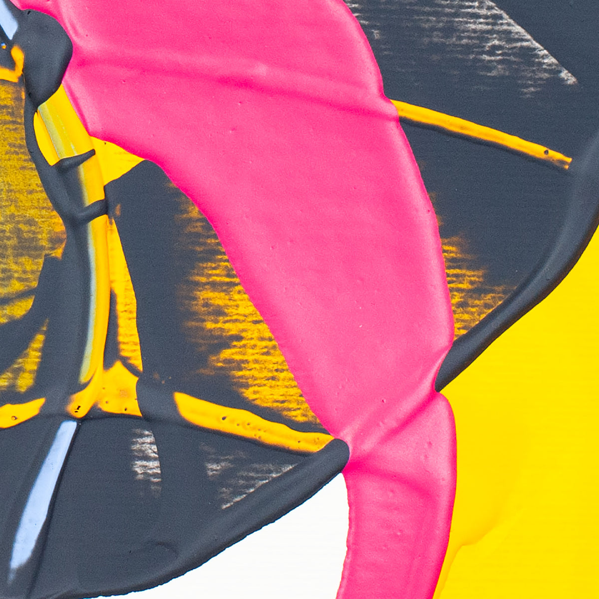 Abstract close-up artwork with bold curved shapes in hot pink, bright yellow, black, and white, including textured brushstroke areas.