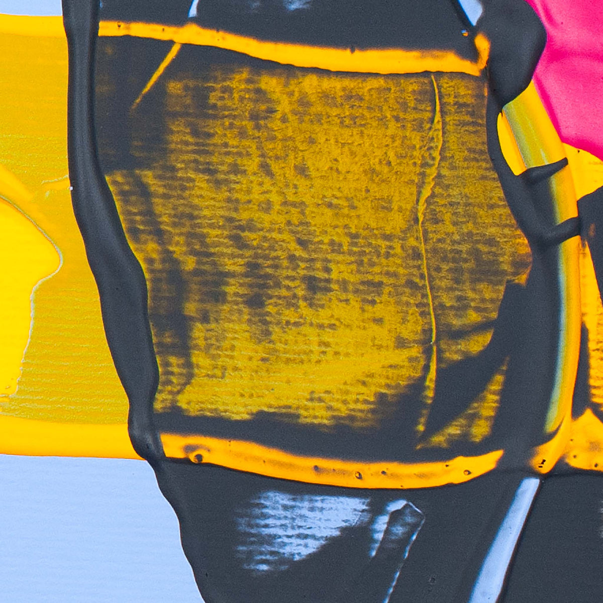 Abstract close-up of a textured painting with thick yellow and black brushstrokes, bordered by bright pink and pale blue areas.