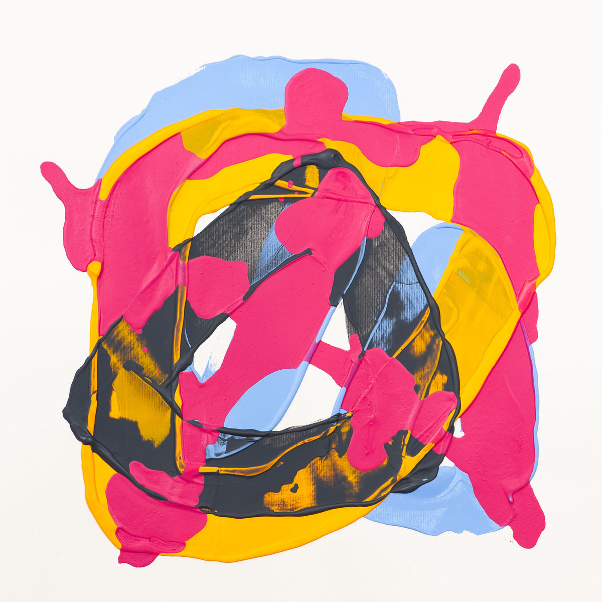 Abstract acrylic painting featuring bold, layered drips and splatters of hot pink, yellow, light blue, and black on a clean white background.