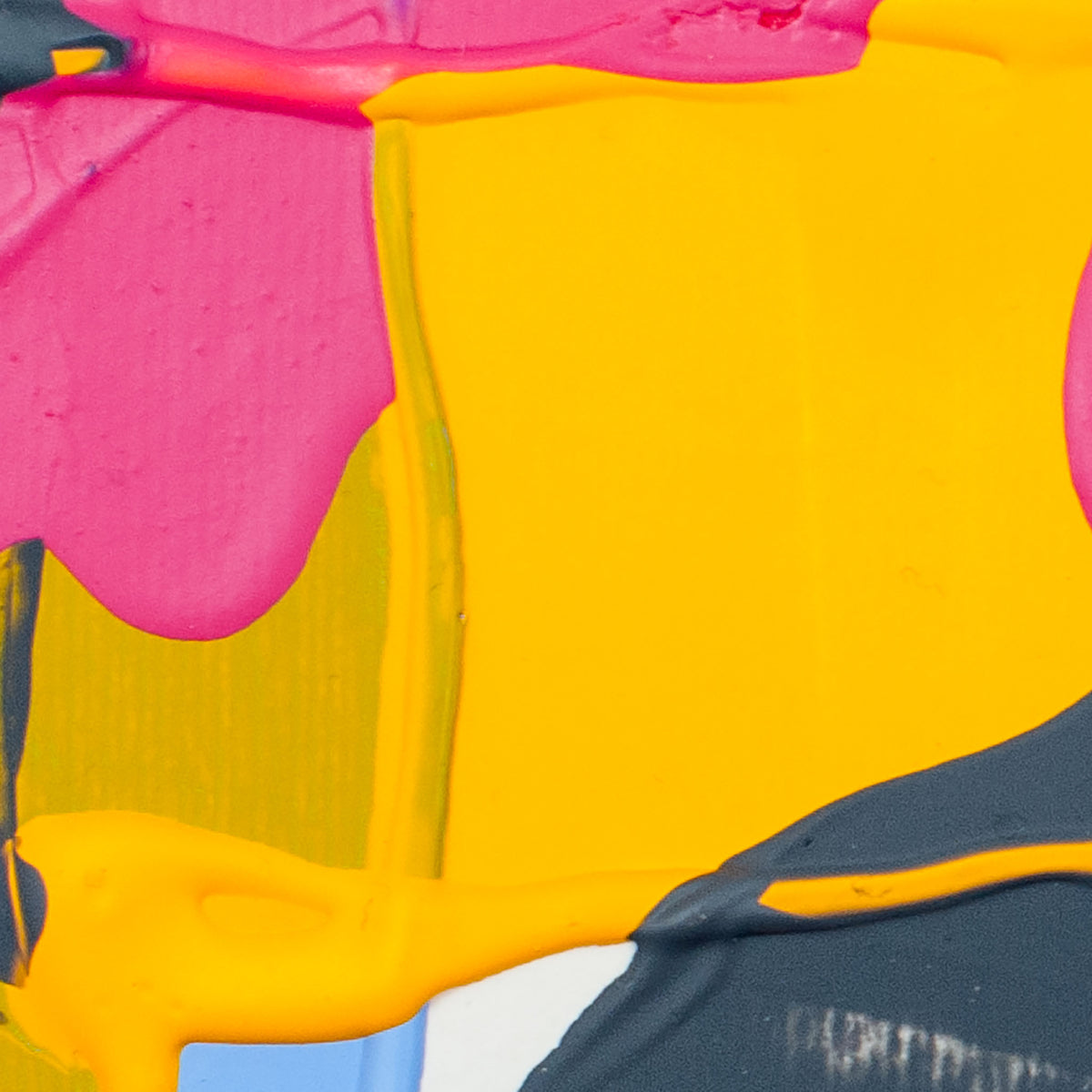 Abstract close-up of thick paint with large areas of bright yellow, hot pink, dark charcoal gray, and small touches of blue and white.