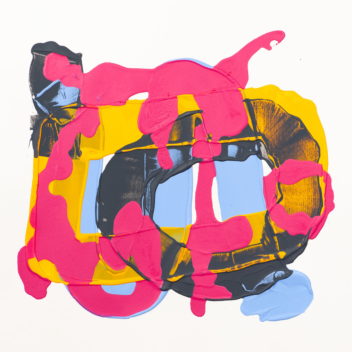 An abstract painting featuring bold, layered shapes in hot pink, yellow, black, light blue, and brown on a white background.