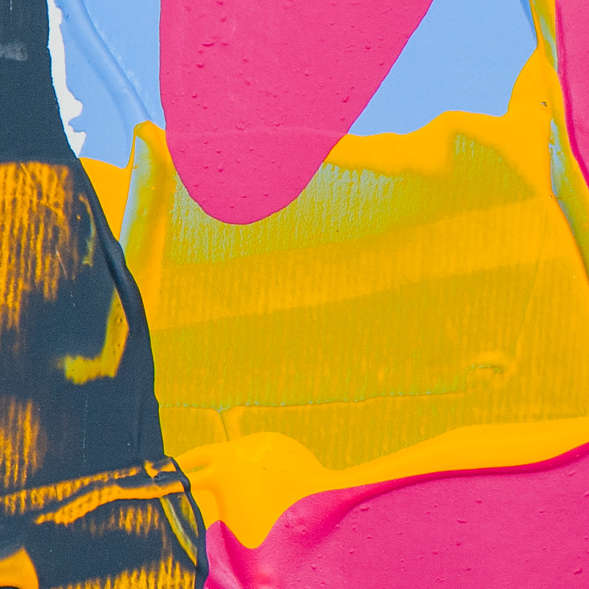 Abstract colorful artwork with thick textured paint strokes in bright pink, yellow, light blue, and black.