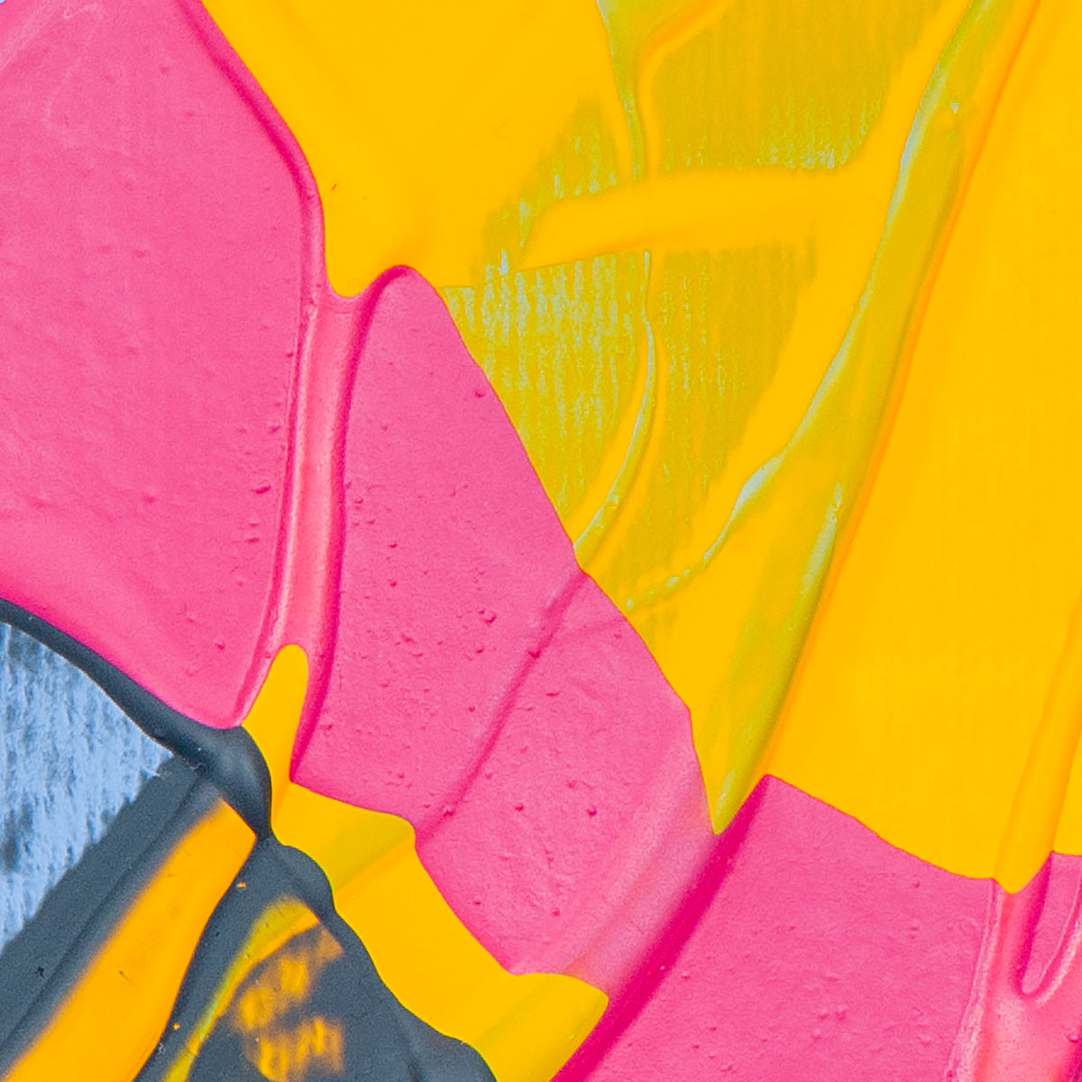 Abstract acrylic paint texture with bold blocks of bright pink, yellow, and small areas of blue and dark gray.