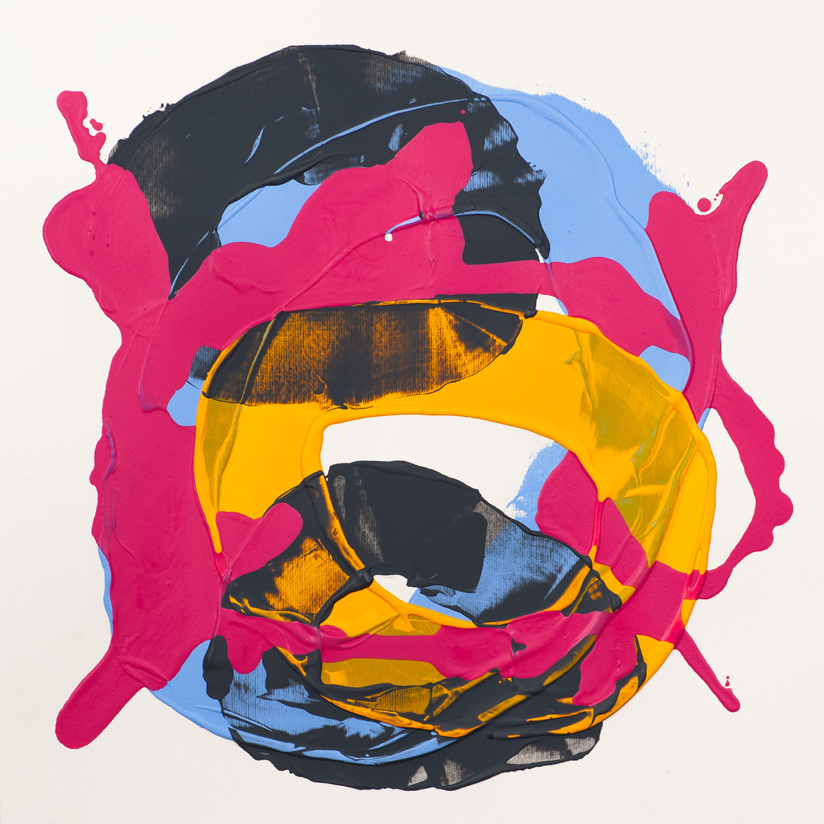 Abstract fluid acrylic painting with thick brushstrokes in black, bright pink, yellow, and light blue on a warm off-white background.