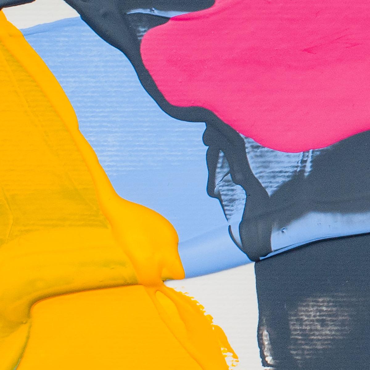 Abstract close-up of overlapping paint-like shapes in bright yellow, light blue, hot pink, and charcoal gray on a white ground.
