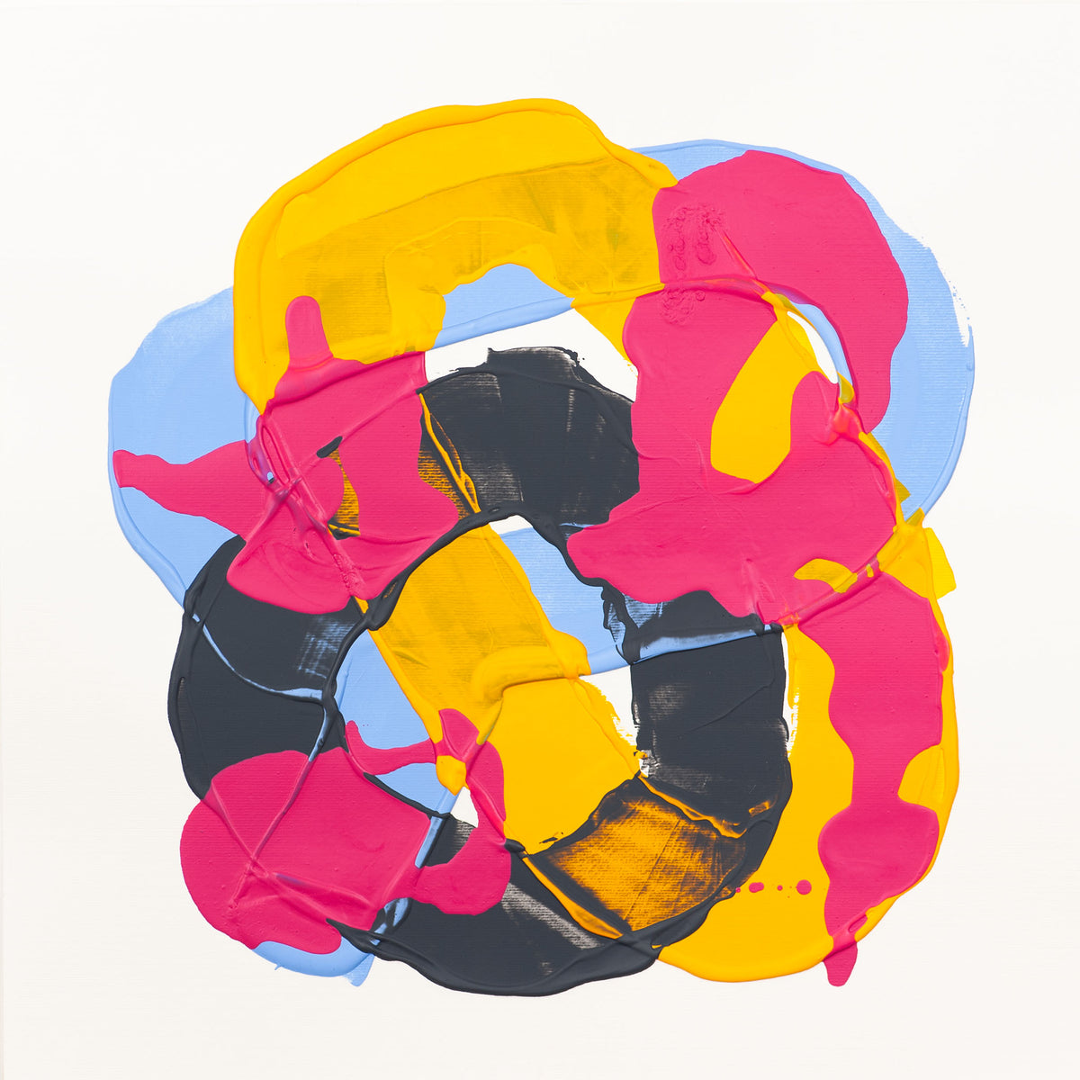 Abstract circular artwork with layered organic shapes in bright yellow, hot pink, light blue, and black on a white background.