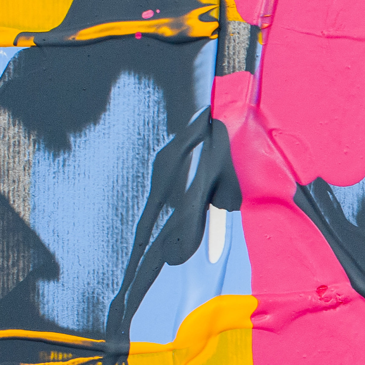 Abstract textured paint design with thick layers of bright pink, light blue, charcoal gray, and yellow paint.