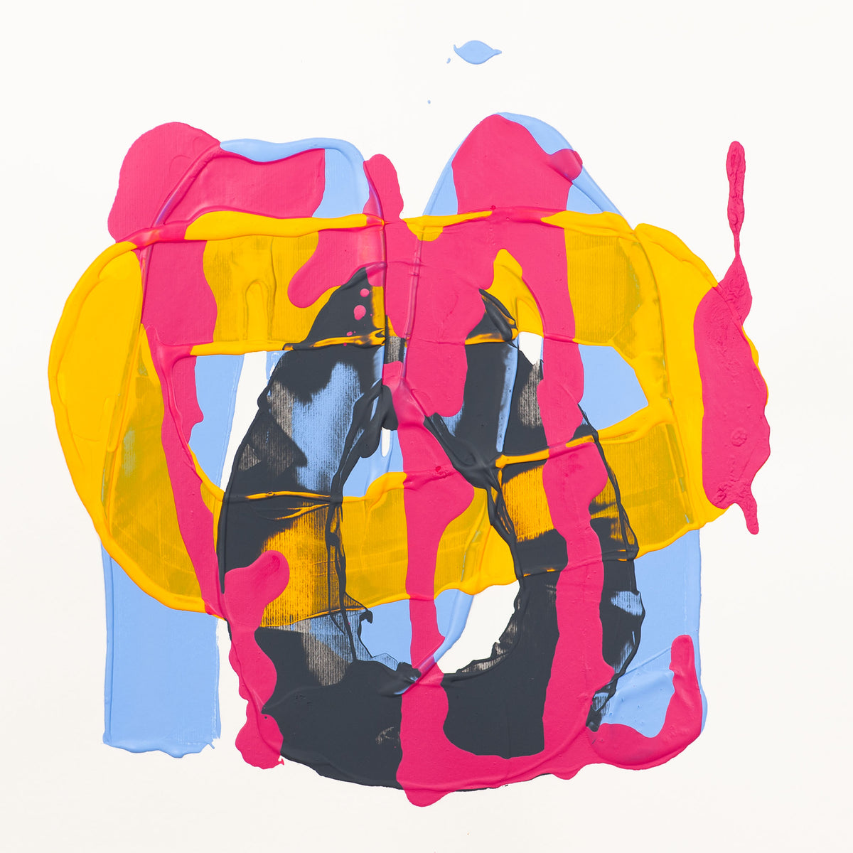 Abstract square artwork on a white background featuring layered dripped paint shapes in bright pink, yellow, light blue, and black.