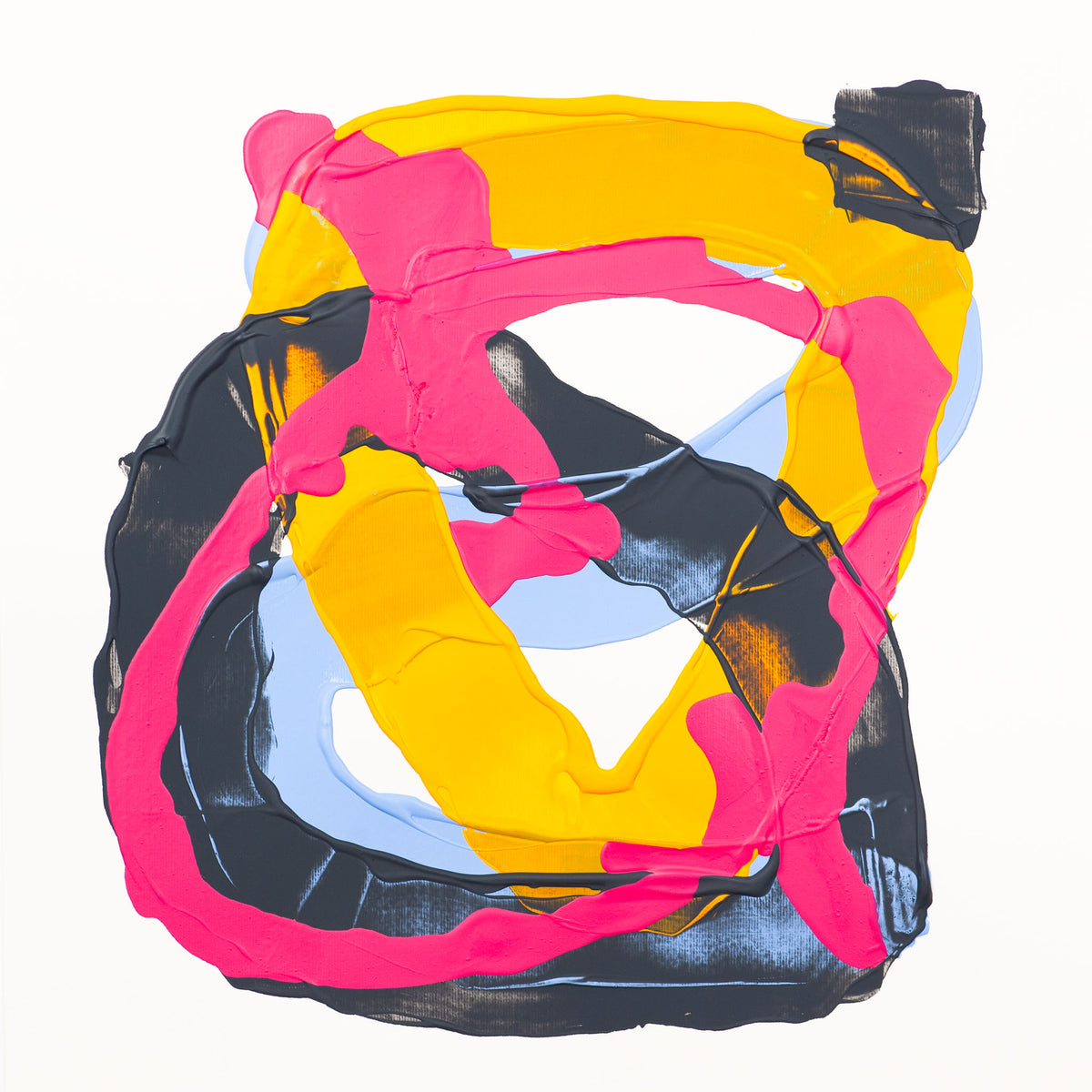 Abstract expressionist painting with thick, textured brushstrokes in bright yellow, hot pink, black, light blue, and white on a clean white background.