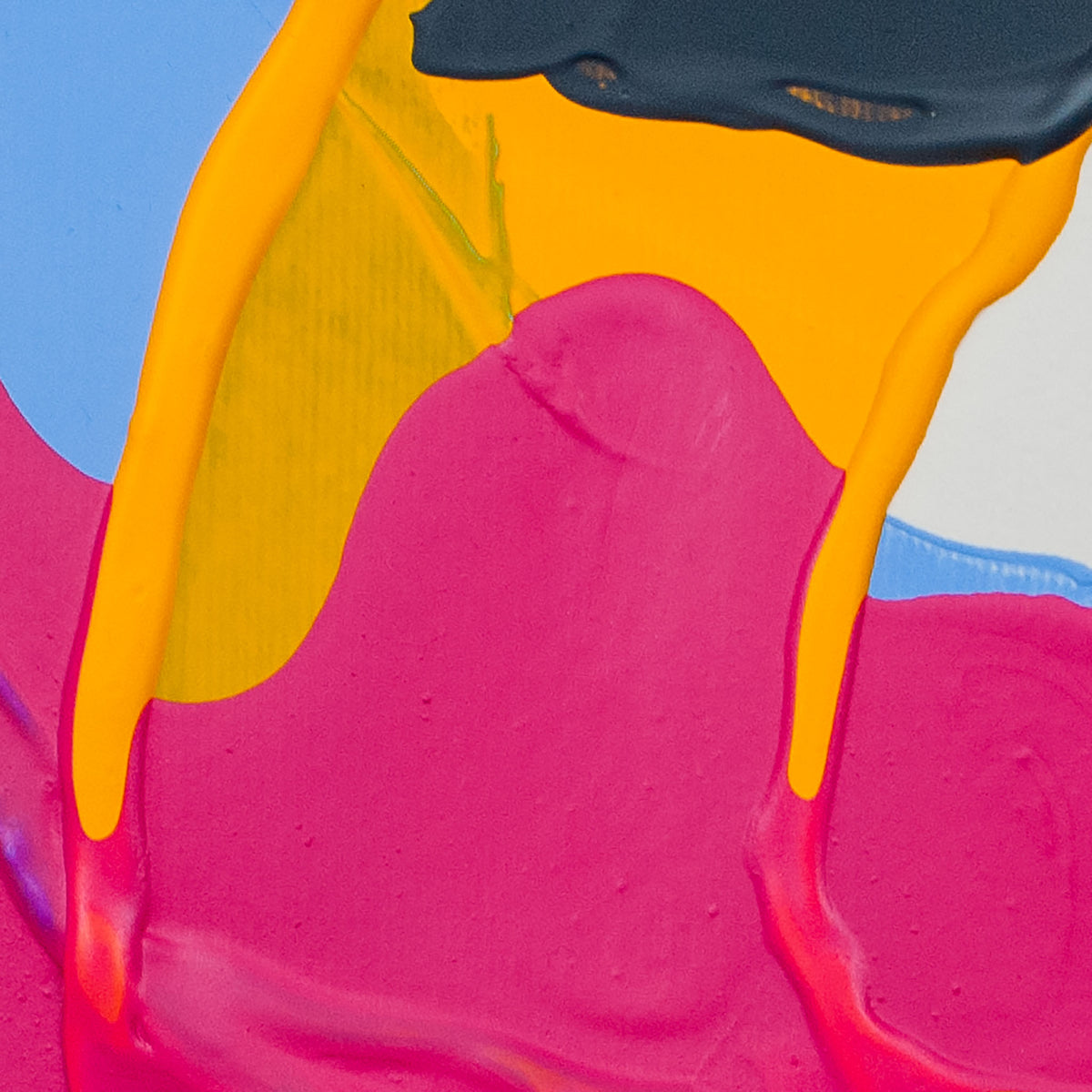 Abstract colorful paint-like composition with large areas of bright pink, yellow, blue, white, and a dark charcoal shape.