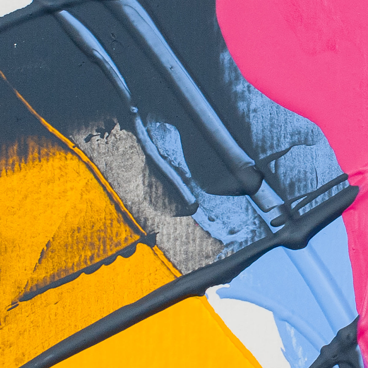 Abstract paint stroke artwork featuring bold blocks of hot pink, yellow, light blue, dark blue-gray, and white with thick textured brushstrokes.