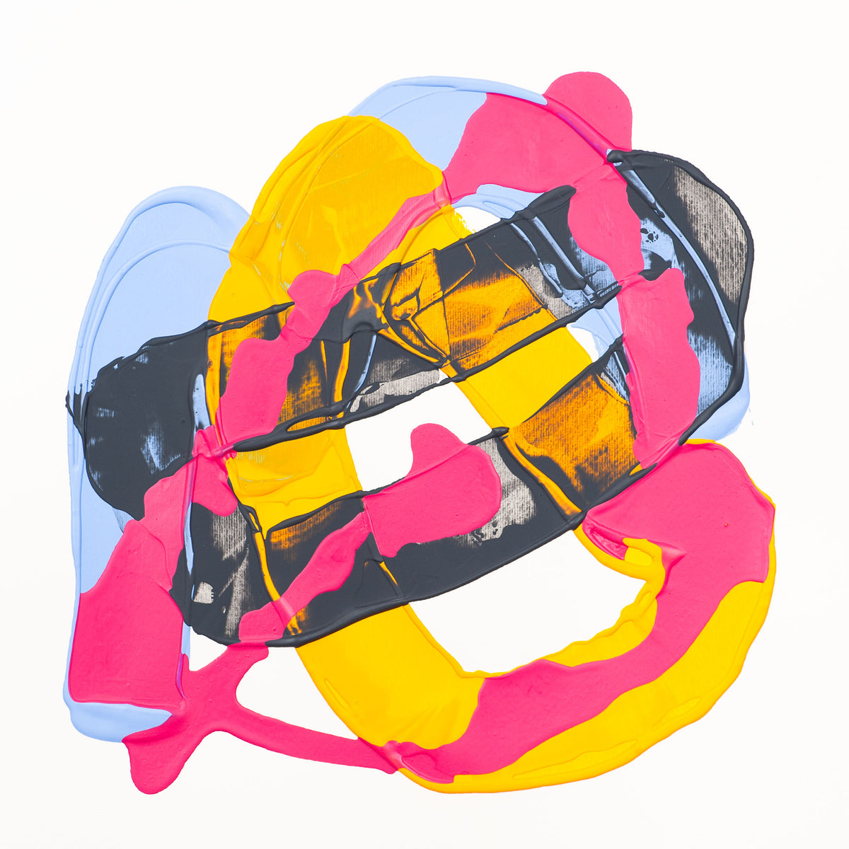 Abstract circular artwork with layered bright yellow, hot pink, black, and pale blue paint-like forms on a white background.