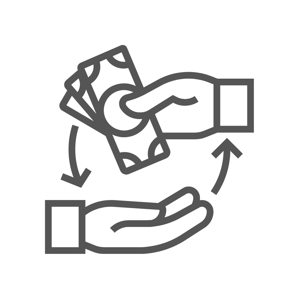 Icon of a hand handing over money to another hand with arrows indicating transfer.