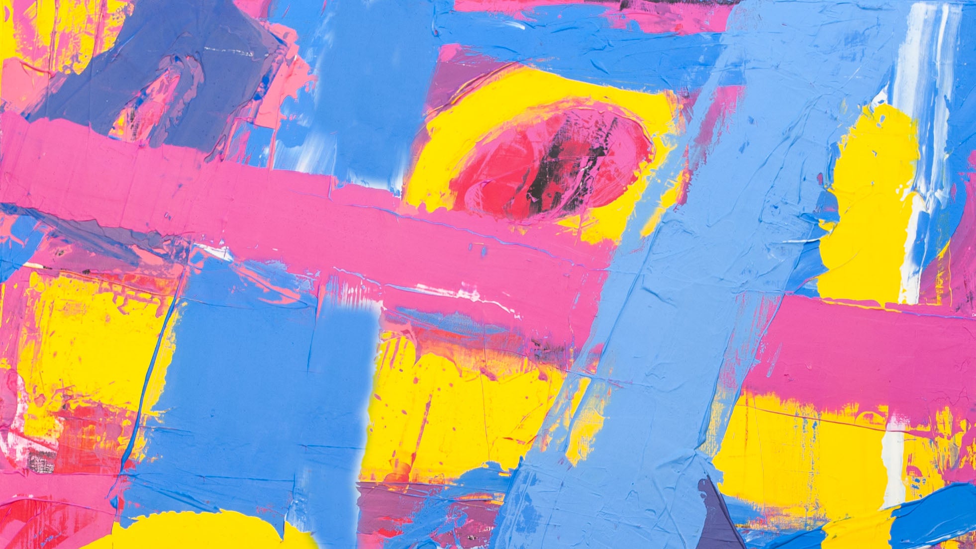 Vibrant abstract painting in pink, blue, and yellow with text reading ‘I am an Abstract Painter based in the UK