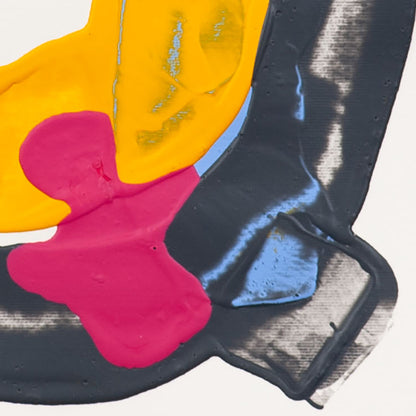 Detail of abstract painting on Fabriano Pittura paper showing thick black paint intersecting pink and yellow forms with glossy texture