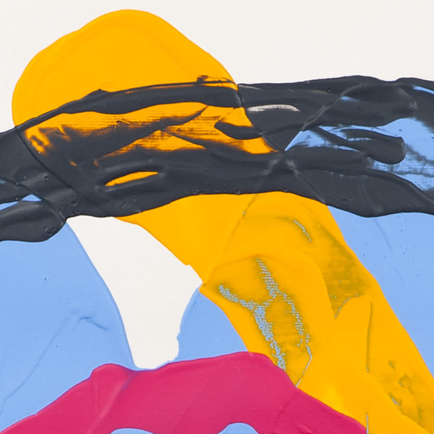 Close-up of abstract painting on Fabriano Pittura acrylic paper with sweeping black stroke over yellow shape and soft blue background