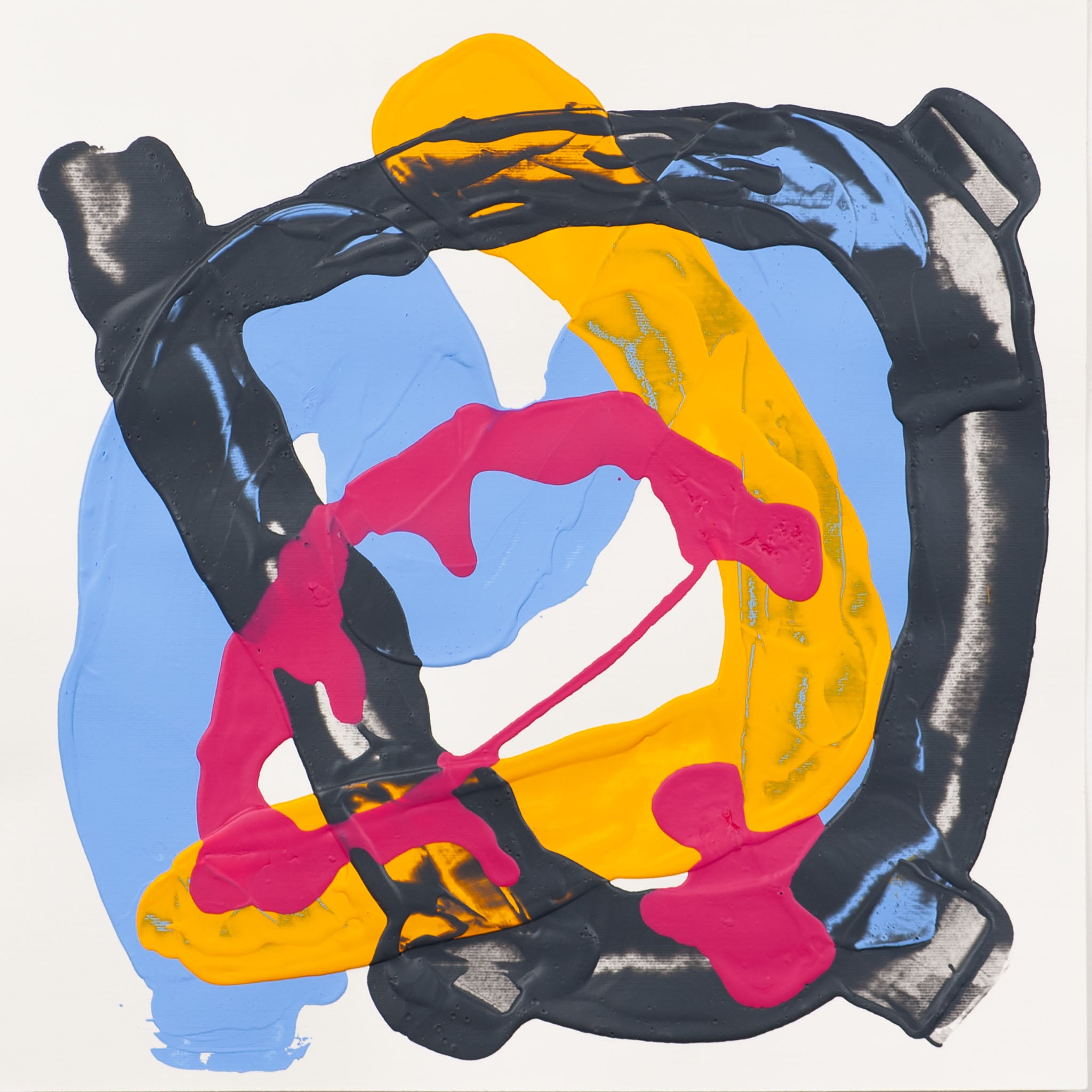 Abstract painting on Fabriano Pittura acrylic paper with bold black gestural forms over blue, yellow, and pink shapes on a white background