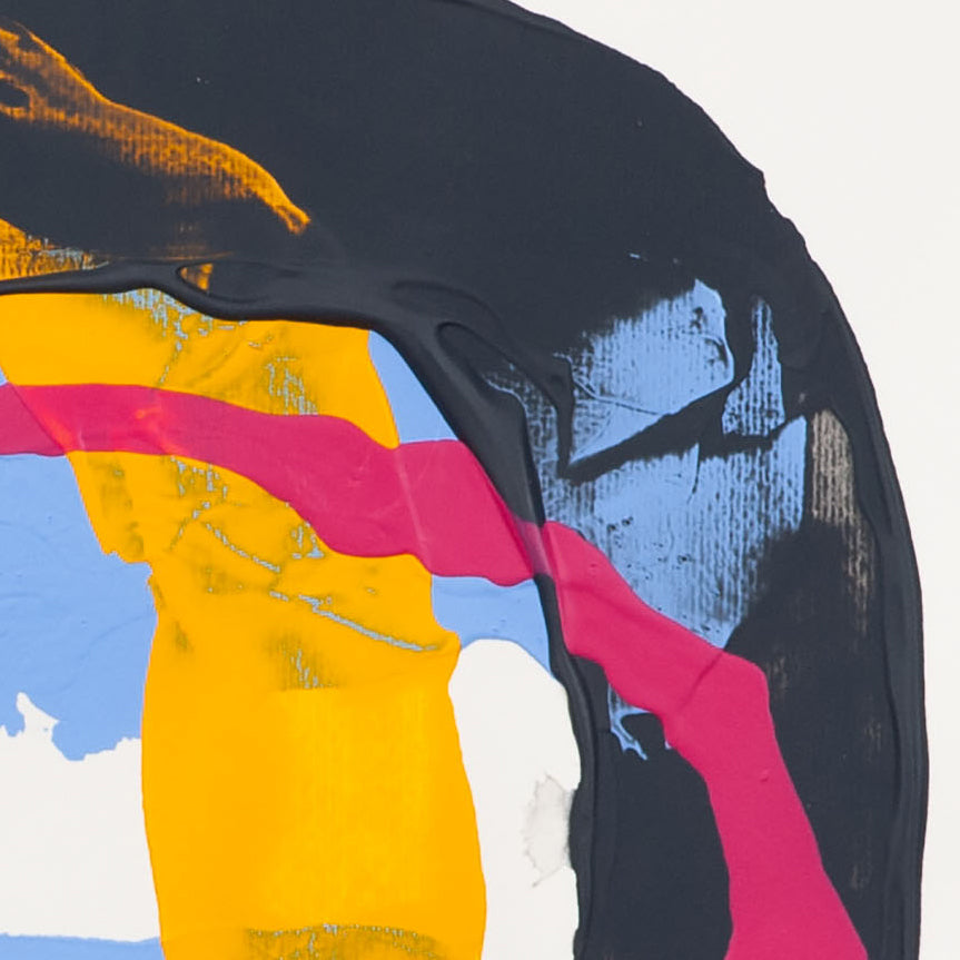 Detail of abstract painting on 400gsm paper showing thick black paint with visible texture intersecting pink and yellow forms