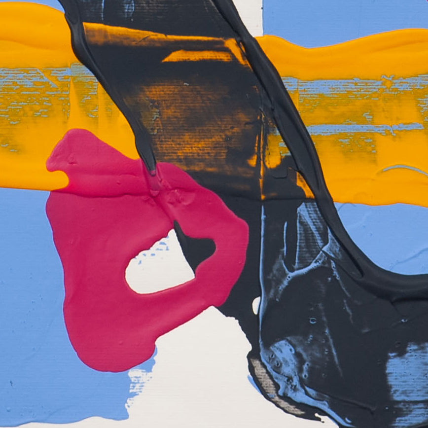 Detail of abstract painting on 400gsm paper showing thick black paint crossing yellow band with pink form and visible texture