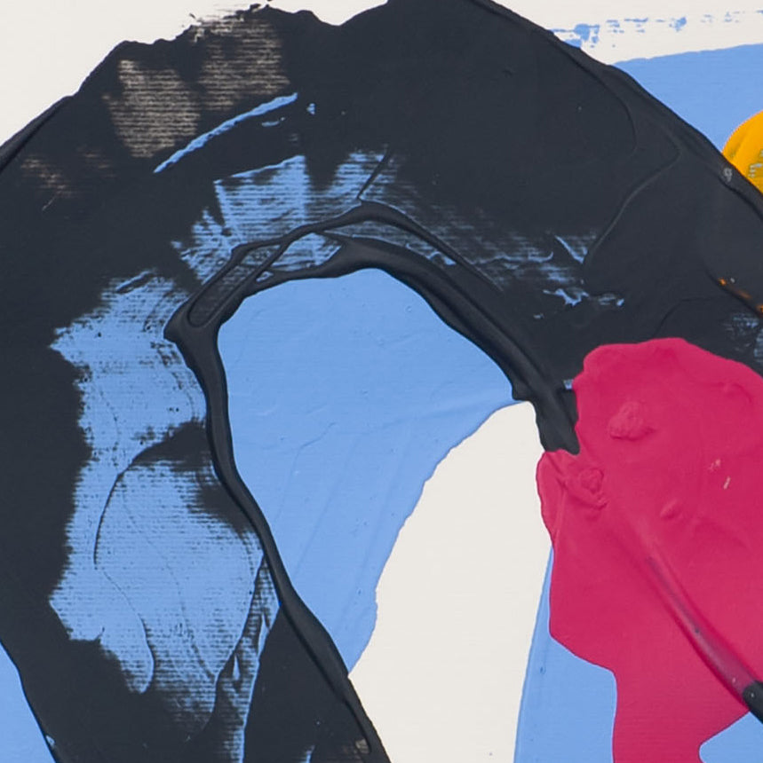 Close-up of abstract painting on 400gsm Fabriano paper featuring sweeping black stroke over blue ground with pink paint detail