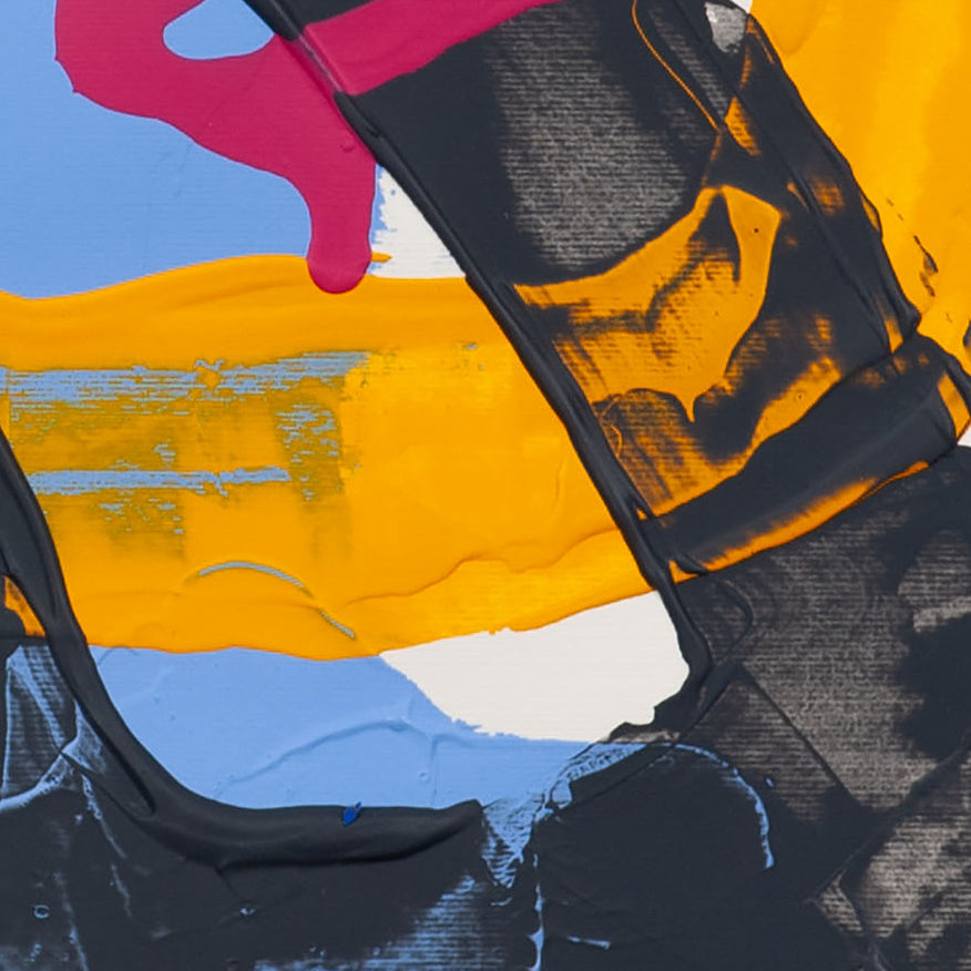 Detail of abstract painting on 400gsm paper with layered black and yellow paint and visible surface texture