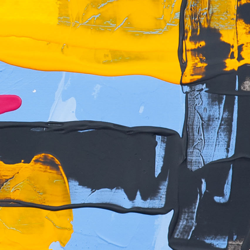 Detail of abstract painting on 400gsm paper showing layered black and yellow paint with visible texture over blue ground