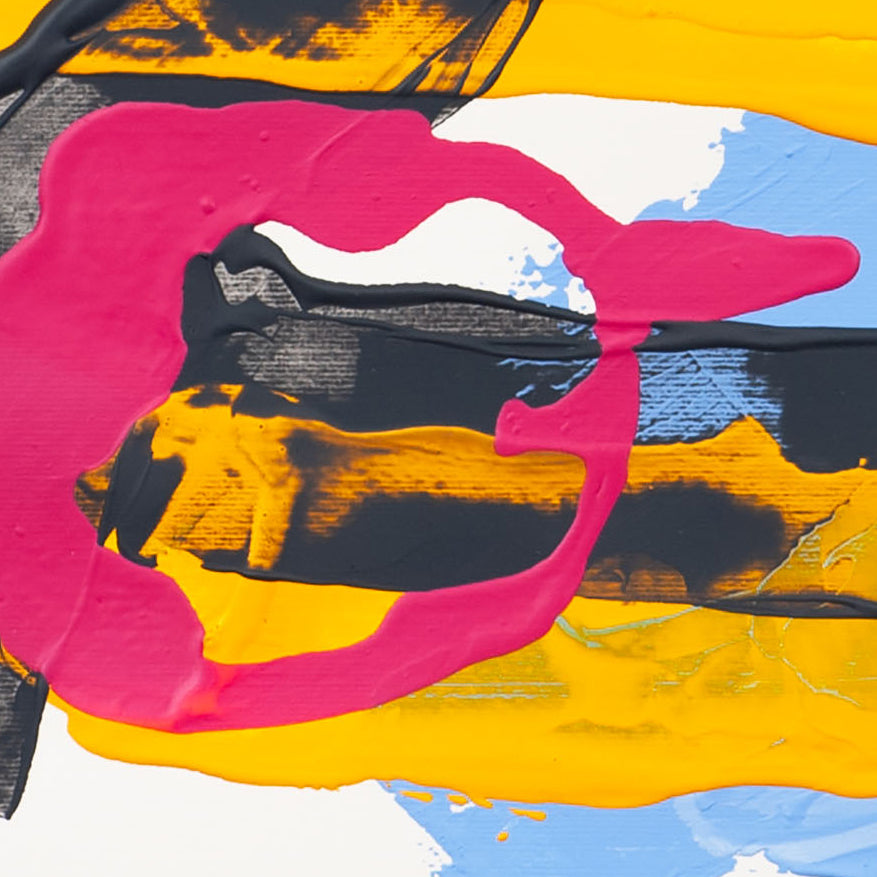 Close-up of abstract painting on 400gsm Fabriano paper featuring pink paint layered across black and yellow forms with visible surface texture