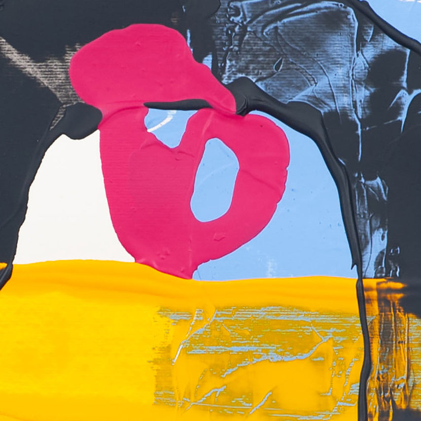 Detail of abstract painting on 400gsm paper with pink form inside black arch over yellow band and blue ground