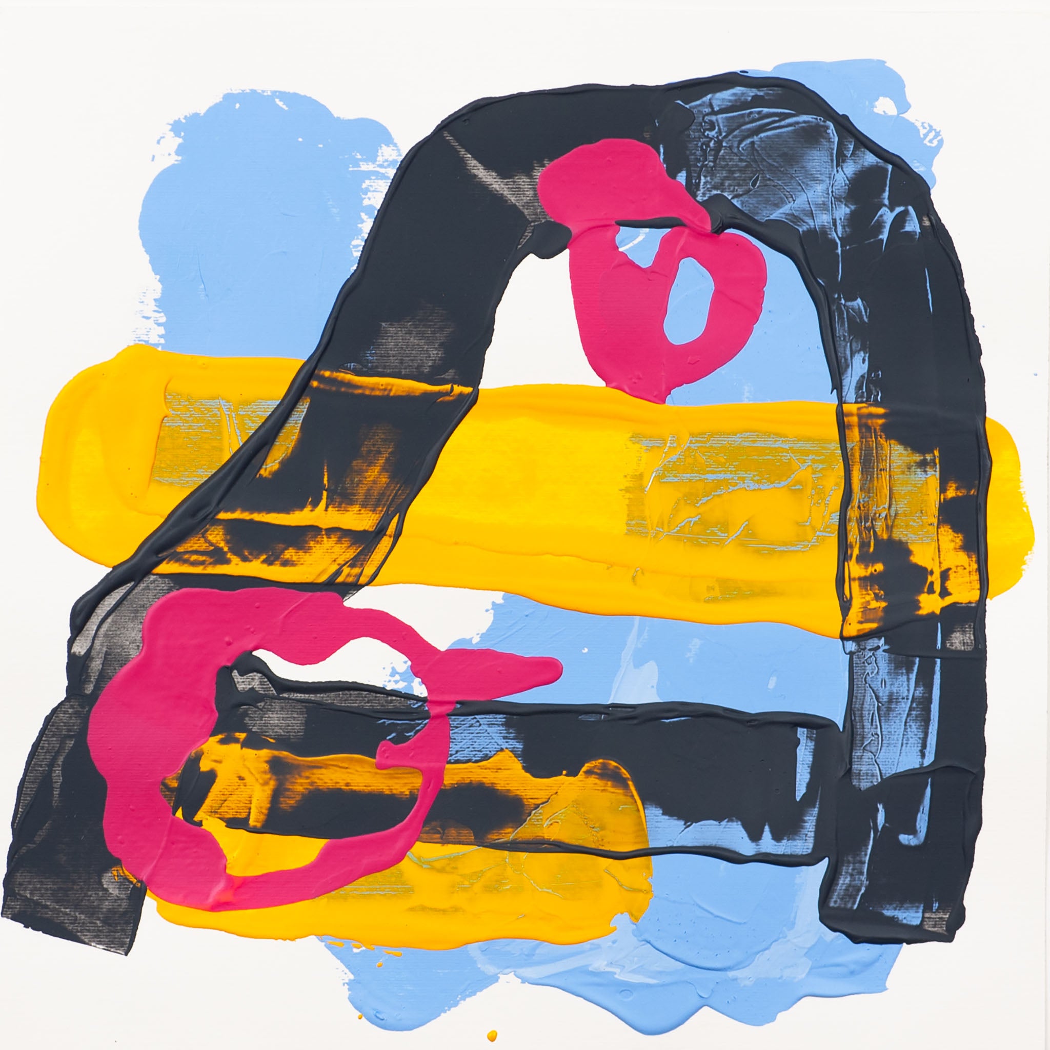 Abstract painting on 400gsm Fabriano Pittura paper with bold black arch layered over blue ground with horizontal yellow bands and pink forms on a white background