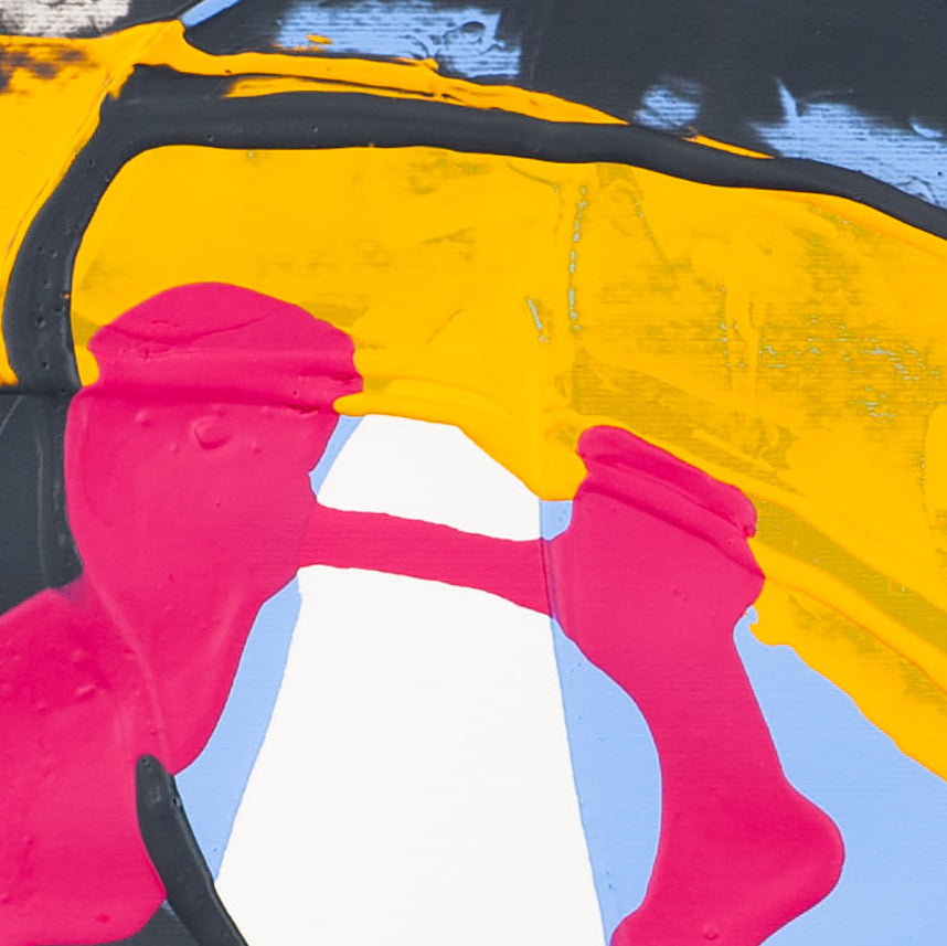Detail of abstract painting on 400gsm paper with pink forms interacting with black and yellow paint and visible surface texture