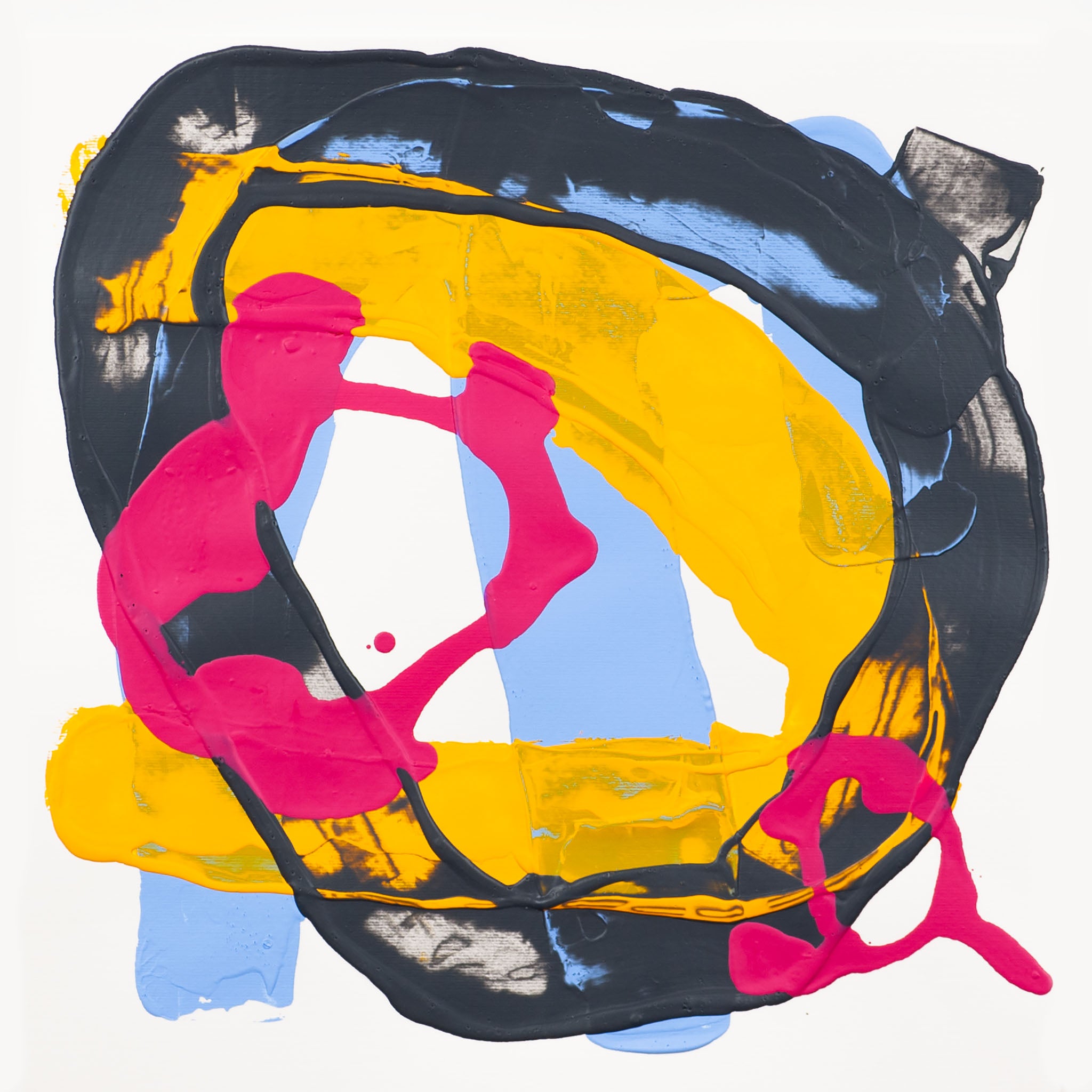 Abstract painting on 400gsm Fabriano Pittura paper with bold black circular form layered over yellow arc with blue ground and pink shapes on a white background