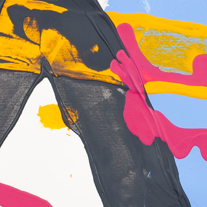 Close-up of abstract painting on 400gsm Fabriano paper featuring pink paint layered over black and yellow forms with blue ground