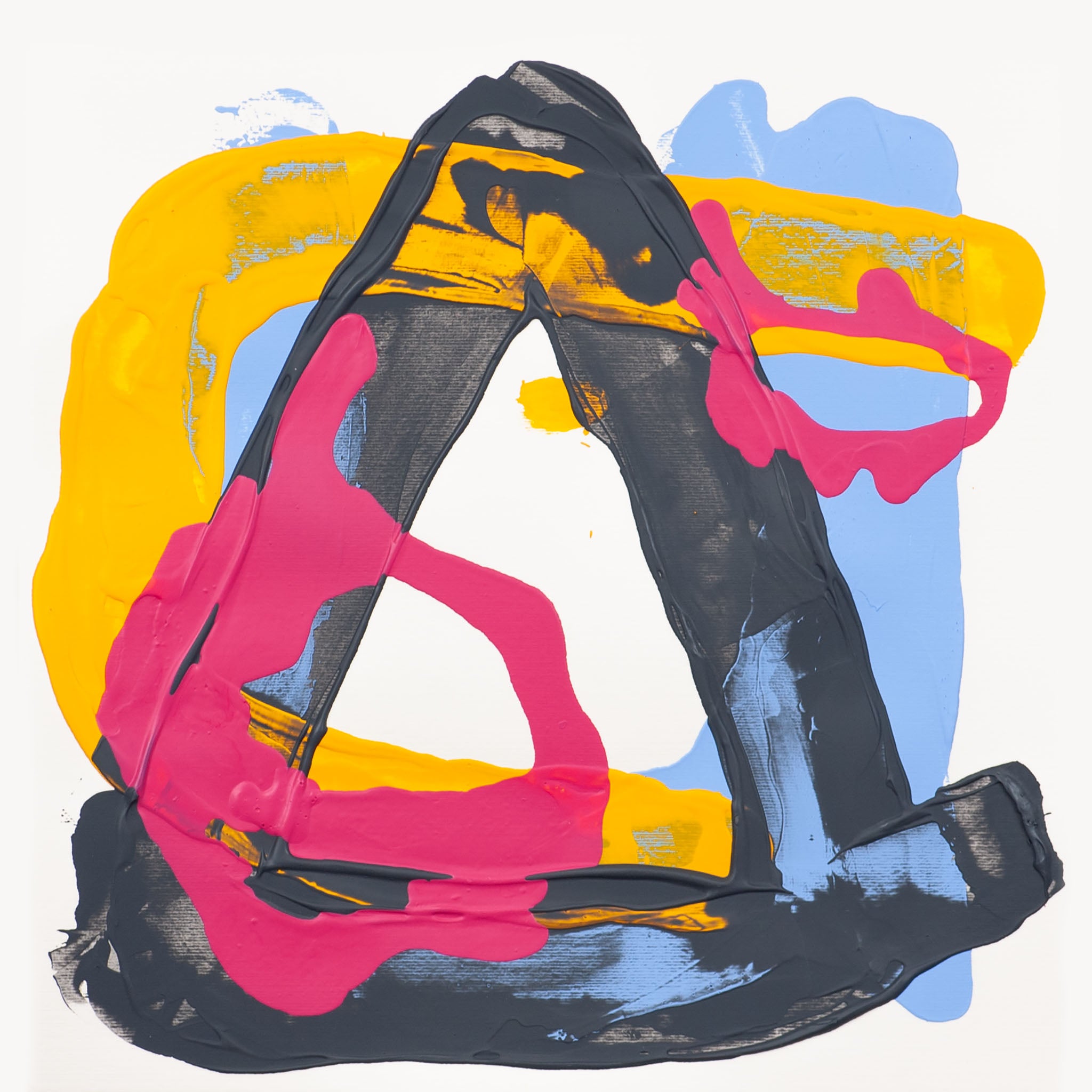 Abstract painting on 400gsm Fabriano Pittura paper with bold black angular form layered over yellow arc with blue ground and pink shapes on a white background