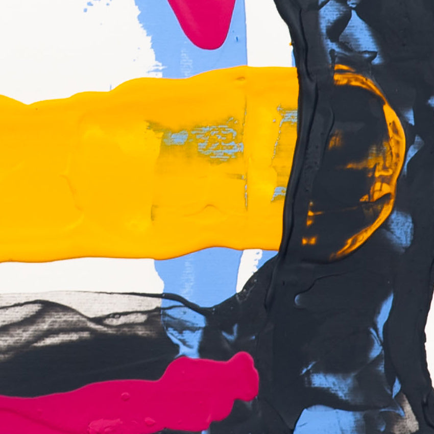 Detail of abstract painting on 400gsm paper showing thick yellow band intersected by black paint with visible texture